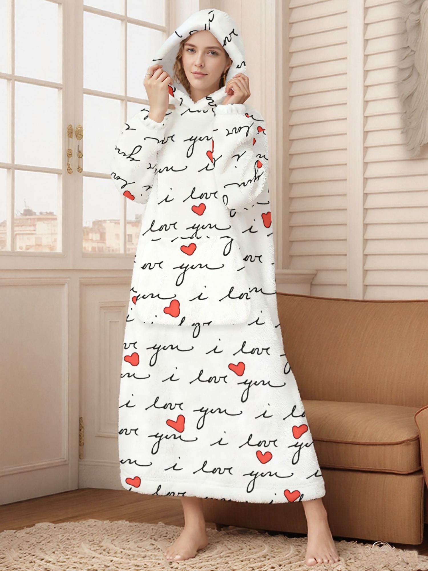 Women's Love Heart Printed Flannel Hooded Nightgown - Soft Cozy TV Robe (4 Styles: Red Love/Black I Love You/Arrow Heart/Leopard Heart)
