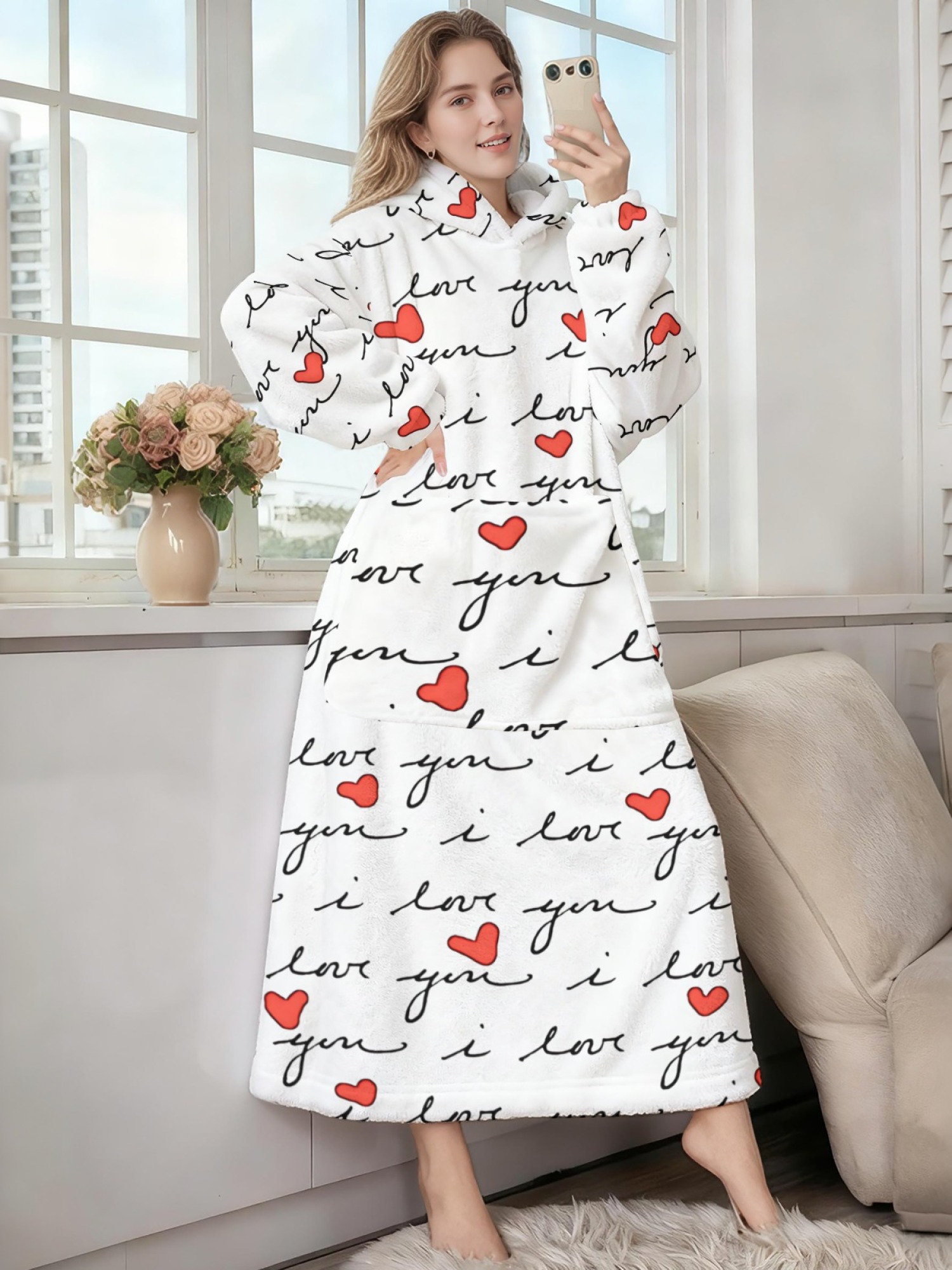 Women's Love Heart Printed Flannel Hooded Nightgown - Soft Cozy TV Robe (4 Styles: Red Love/Black I Love You/Arrow Heart/Leopard Heart)