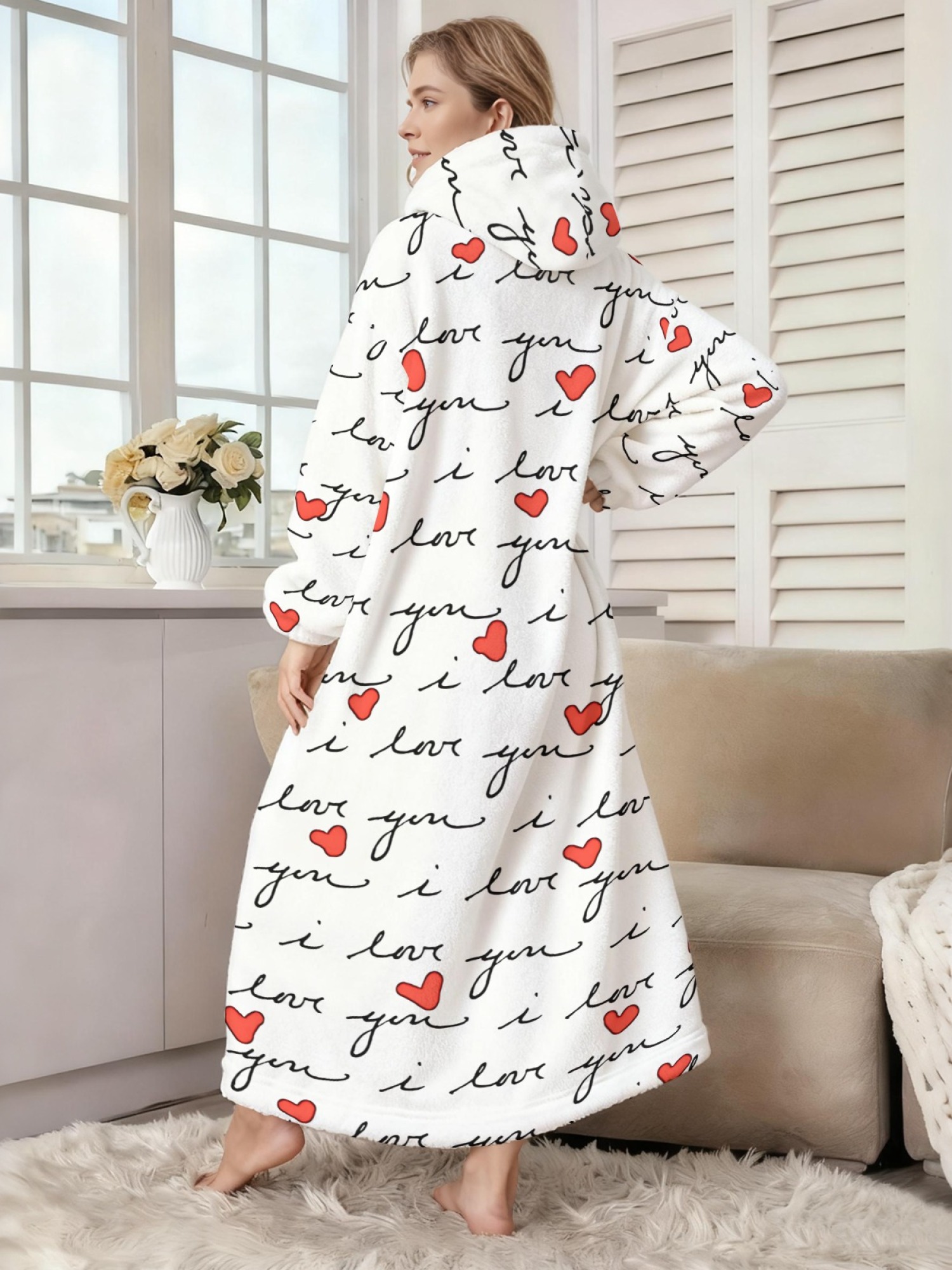 Women's Love Heart Printed Flannel Hooded Nightgown - Soft Cozy TV Robe (4 Styles: Red Love/Black I Love You/Arrow Heart/Leopard Heart)