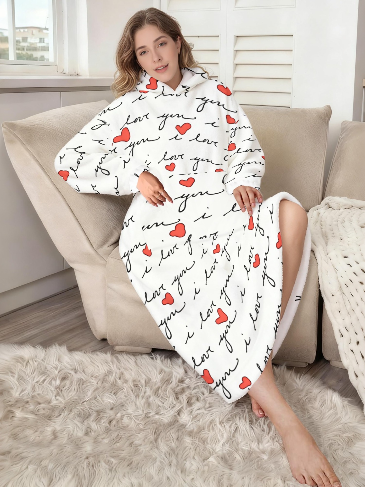 Women's Love Heart Printed Flannel Hooded Nightgown - Soft Cozy TV Robe (4 Styles: Red Love/Black I Love You/Arrow Heart/Leopard Heart)