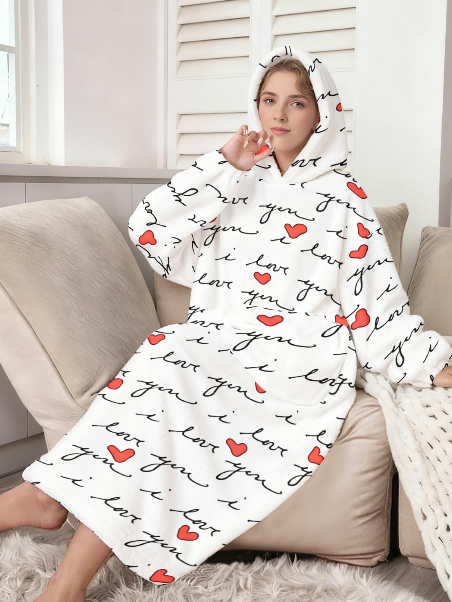 Women's Love Heart Printed Flannel Hooded Nightgown - Soft Cozy TV Robe (4 Styles: Red Love/Black I Love You/Arrow Heart/Leopard Heart)