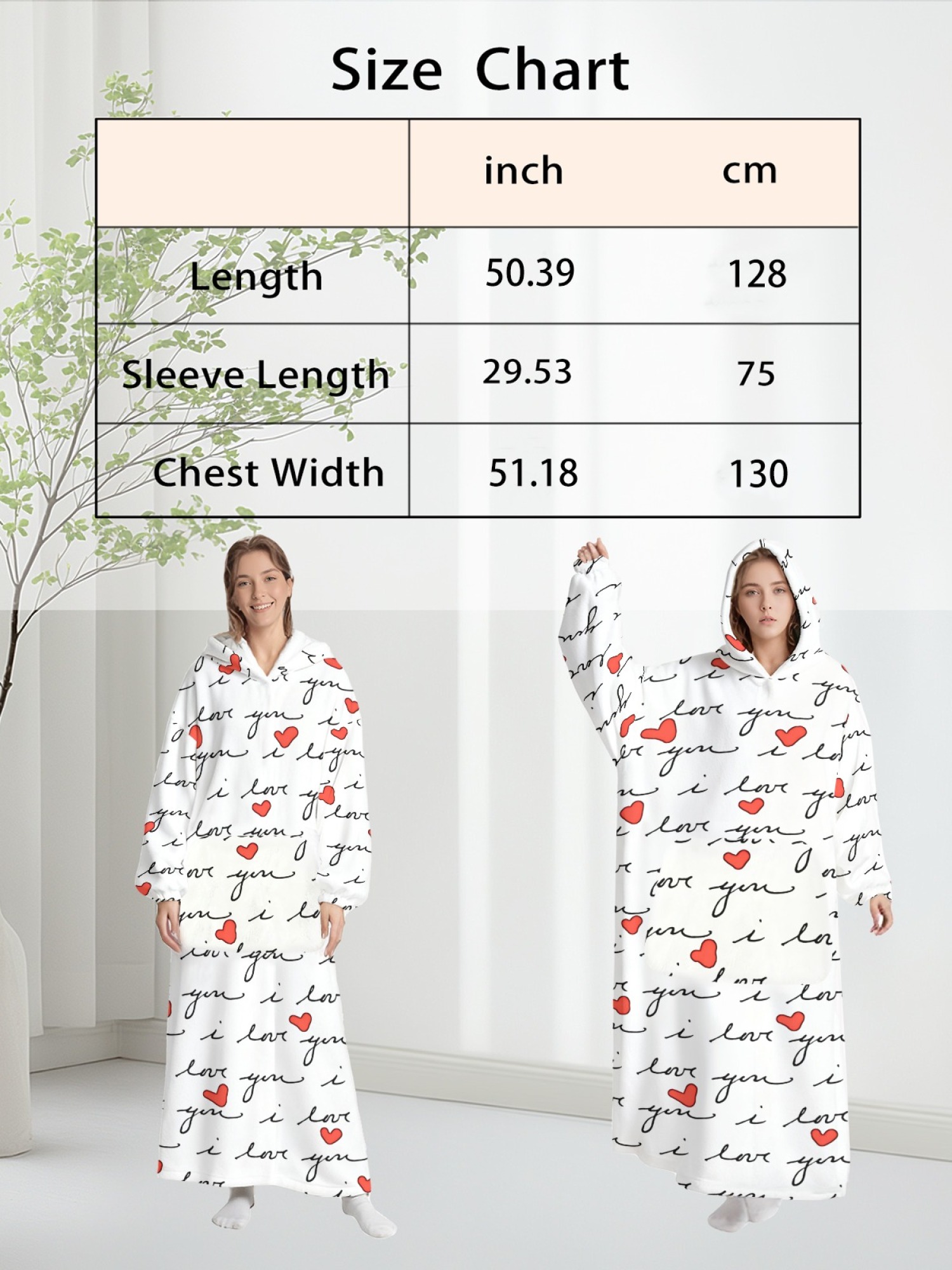 Women's Love Heart Printed Flannel Hooded Nightgown - Soft Cozy TV Robe (4 Styles: Red Love/Black I Love You/Arrow Heart/Leopard Heart)