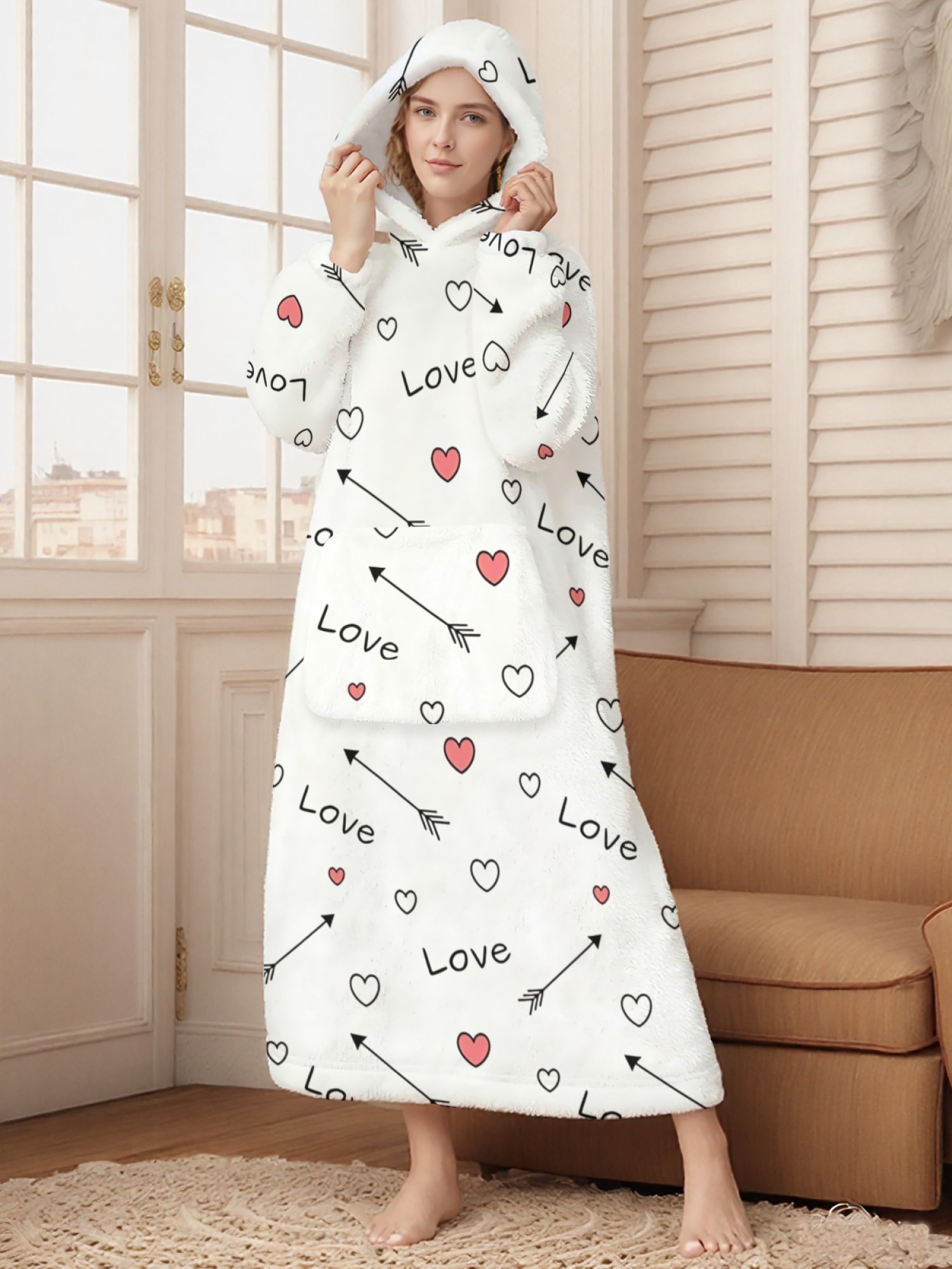 Women's Love Heart Printed Flannel Hooded Nightgown - Soft Cozy TV Robe (4 Styles: Red Love/Black I Love You/Arrow Heart/Leopard Heart)