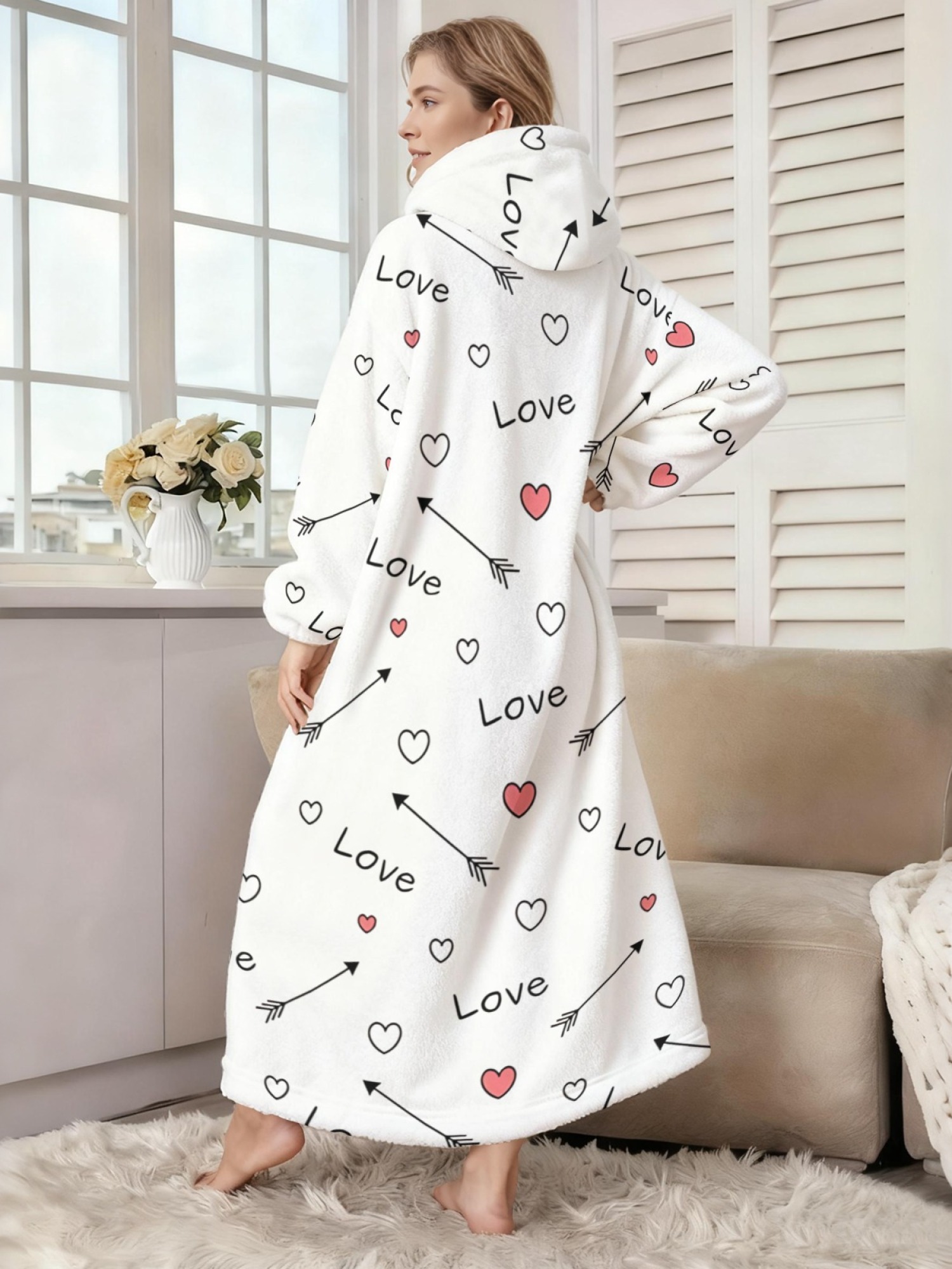 Women's Love Heart Printed Flannel Hooded Nightgown - Soft Cozy TV Robe (4 Styles: Red Love/Black I Love You/Arrow Heart/Leopard Heart)