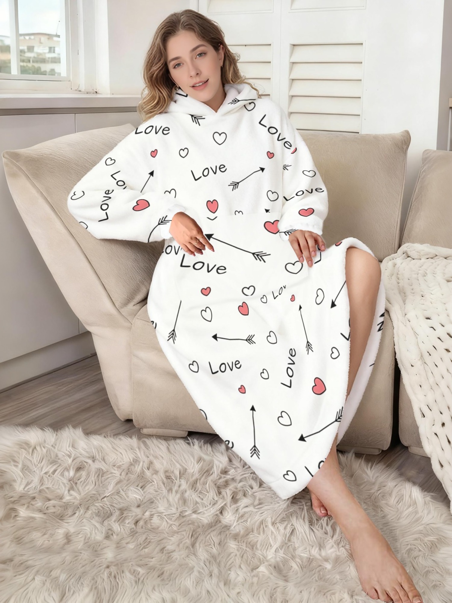Women's Love Heart Printed Flannel Hooded Nightgown - Soft Cozy TV Robe (4 Styles: Red Love/Black I Love You/Arrow Heart/Leopard Heart)