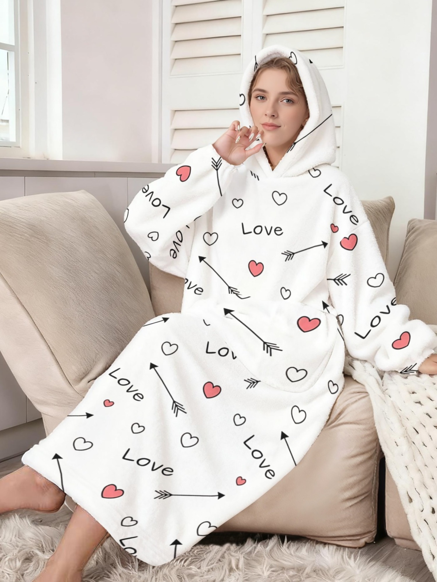 Women's Love Heart Printed Flannel Hooded Nightgown - Soft Cozy TV Robe (4 Styles: Red Love/Black I Love You/Arrow Heart/Leopard Heart)