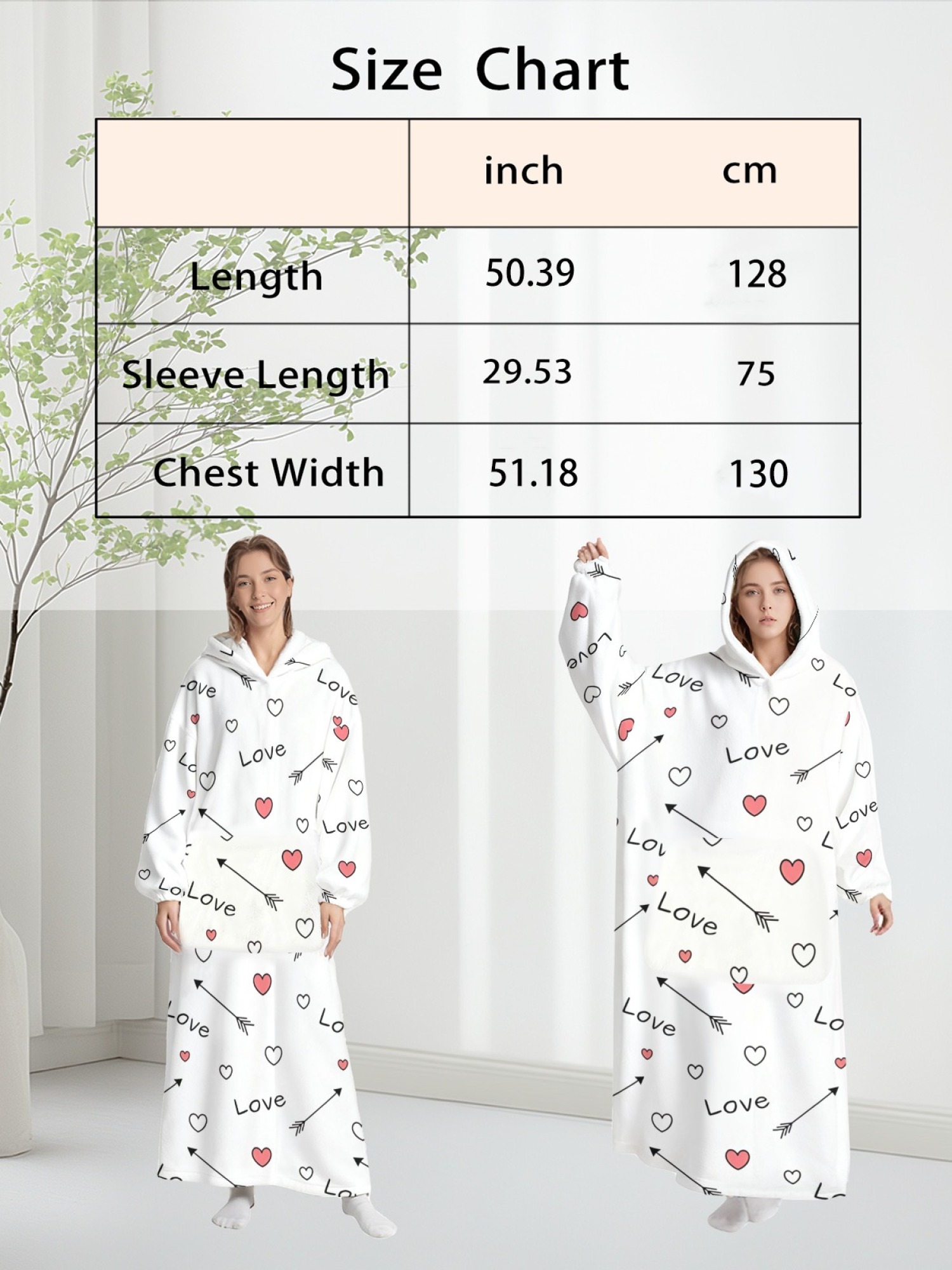 Women's Love Heart Printed Flannel Hooded Nightgown - Soft Cozy TV Robe (4 Styles: Red Love/Black I Love You/Arrow Heart/Leopard Heart)