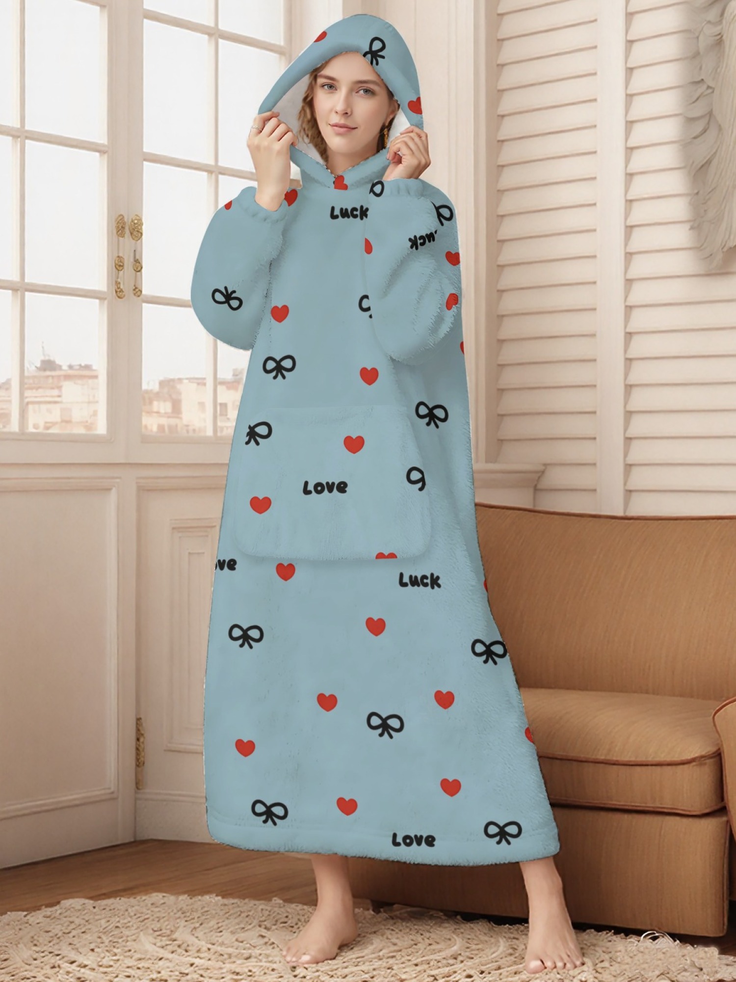 Women's Love & Luck Heart Bow Printed Flannel Hooded Nightgown - Soft Cozy TV Robe (3 Colors: White/Pink/Light Gray)