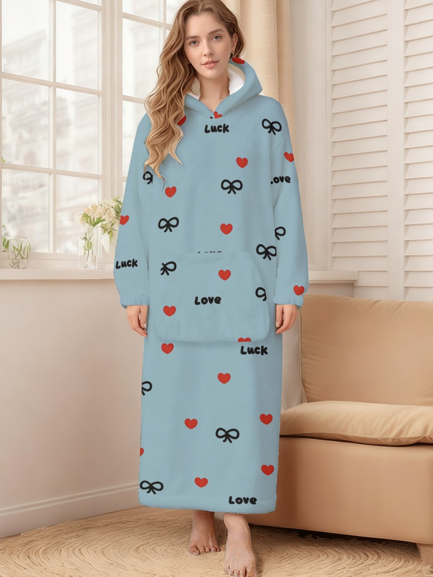 Women's Love & Luck Heart Bow Printed Flannel Hooded Nightgown - Soft Cozy TV Robe (3 Colors: White/Pink/Light Gray)