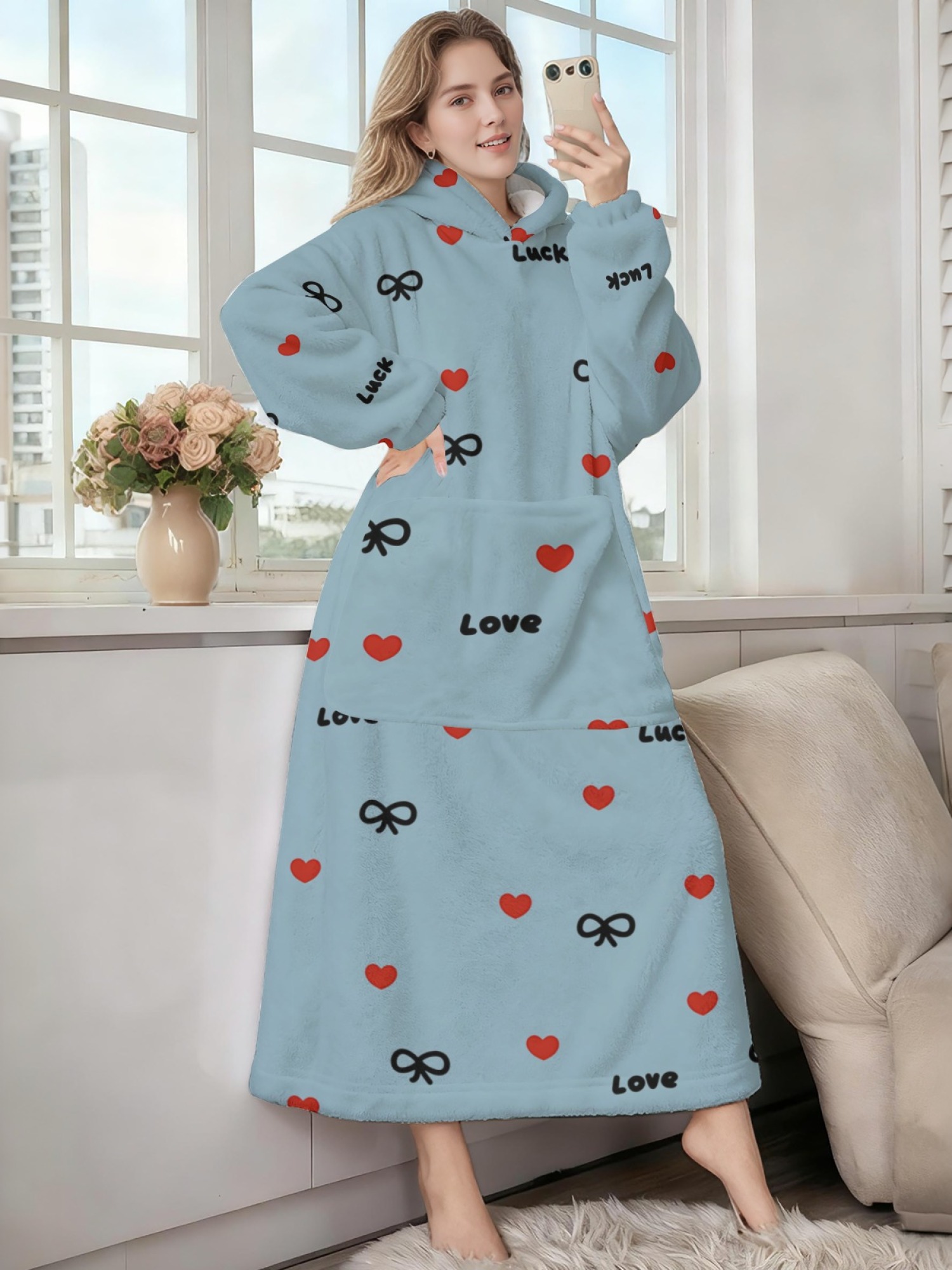 Women's Love & Luck Heart Bow Printed Flannel Hooded Nightgown - Soft Cozy TV Robe (3 Colors: White/Pink/Light Gray)