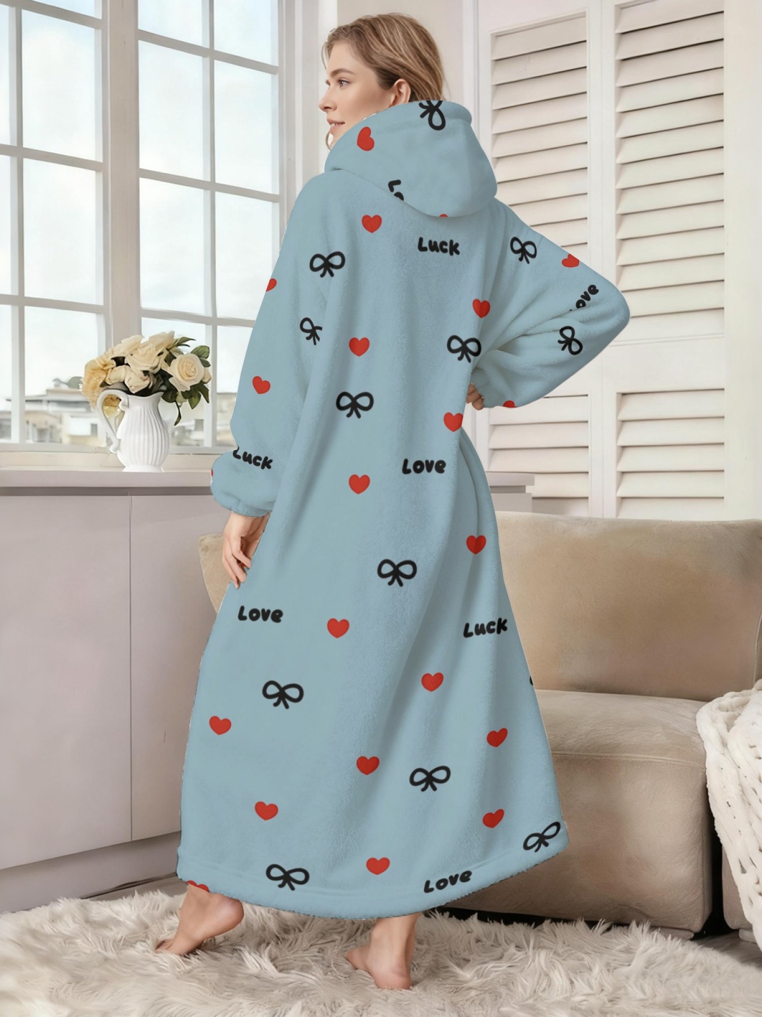Women's Love & Luck Heart Bow Printed Flannel Hooded Nightgown - Soft Cozy TV Robe (3 Colors: White/Pink/Light Gray)