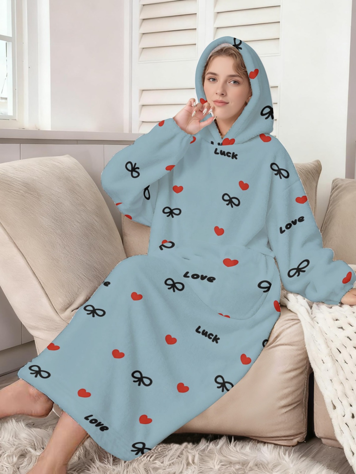 Women's Love & Luck Heart Bow Printed Flannel Hooded Nightgown - Soft Cozy TV Robe (3 Colors: White/Pink/Light Gray)