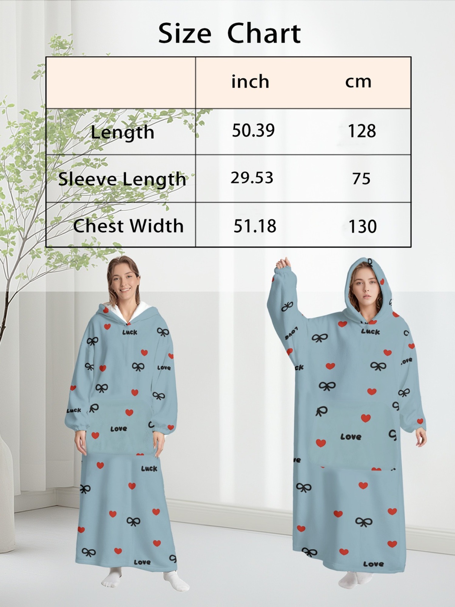 Women's Love & Luck Heart Bow Printed Flannel Hooded Nightgown - Soft Cozy TV Robe (3 Colors: White/Pink/Light Gray)
