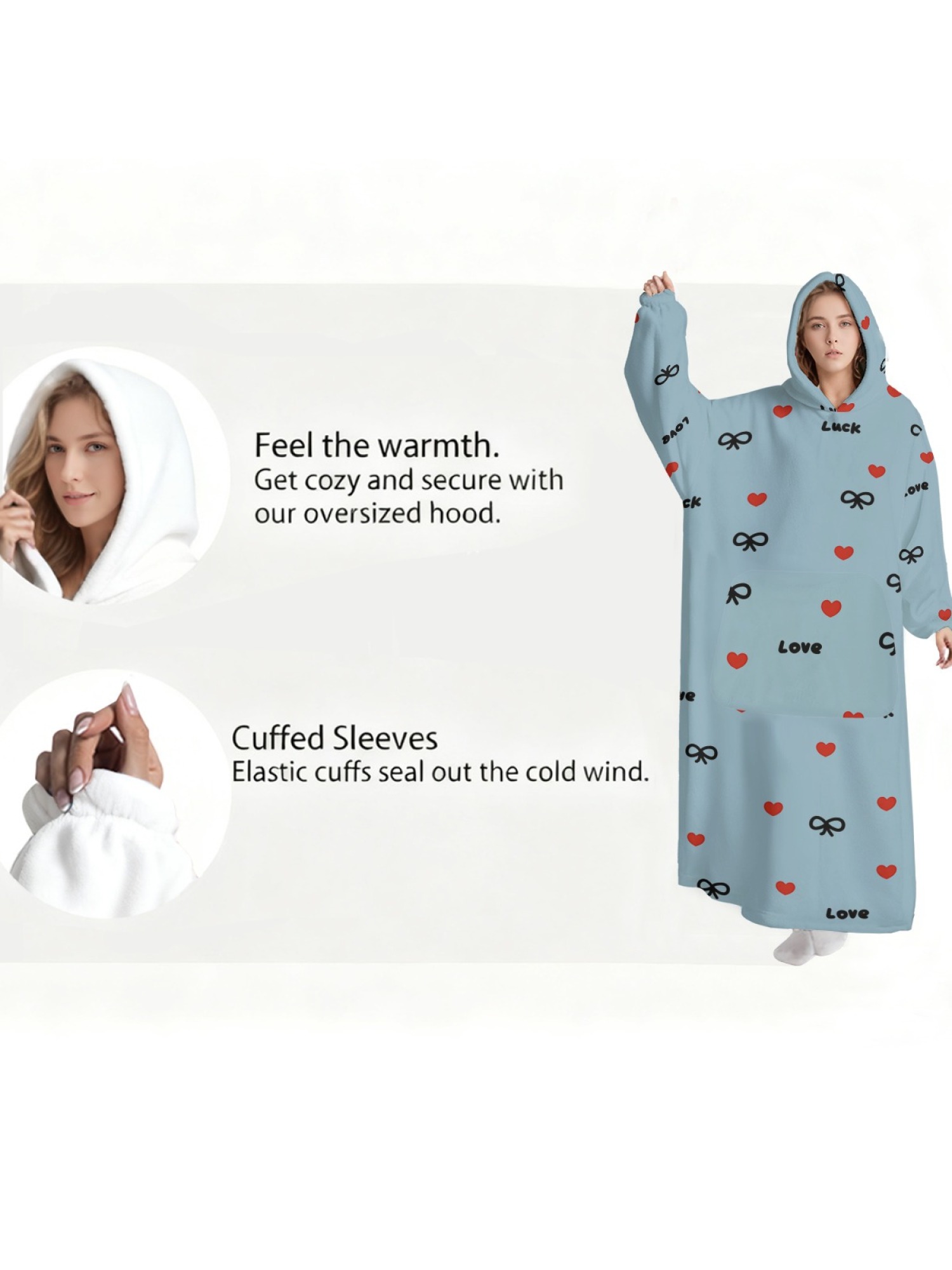 Women's Love & Luck Heart Bow Printed Flannel Hooded Nightgown - Soft Cozy TV Robe (3 Colors: White/Pink/Light Gray)