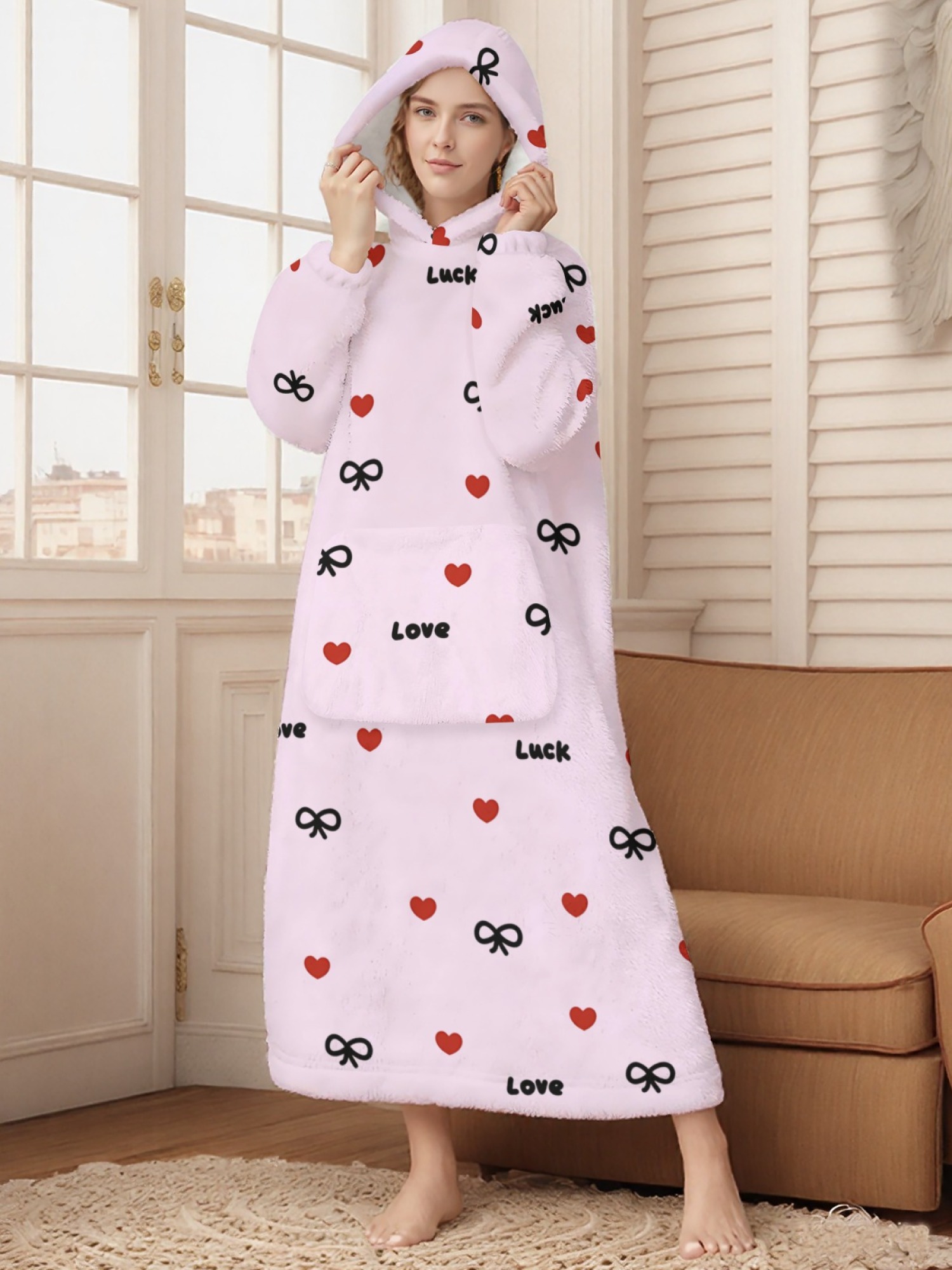 Women's Love & Luck Heart Bow Printed Flannel Hooded Nightgown - Soft Cozy TV Robe (3 Colors: White/Pink/Light Gray)