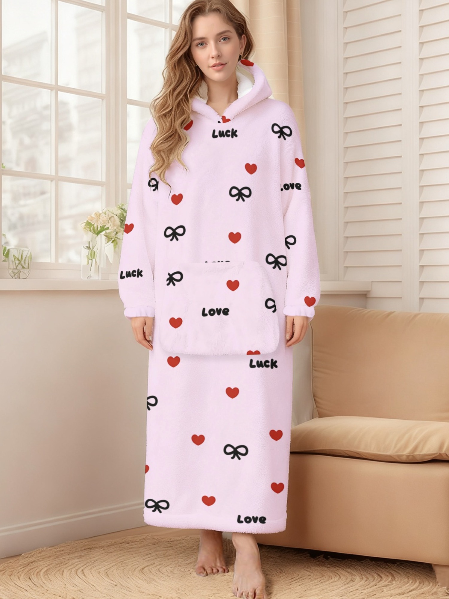 Women's Love & Luck Heart Bow Printed Flannel Hooded Nightgown - Soft Cozy TV Robe (3 Colors: White/Pink/Light Gray)