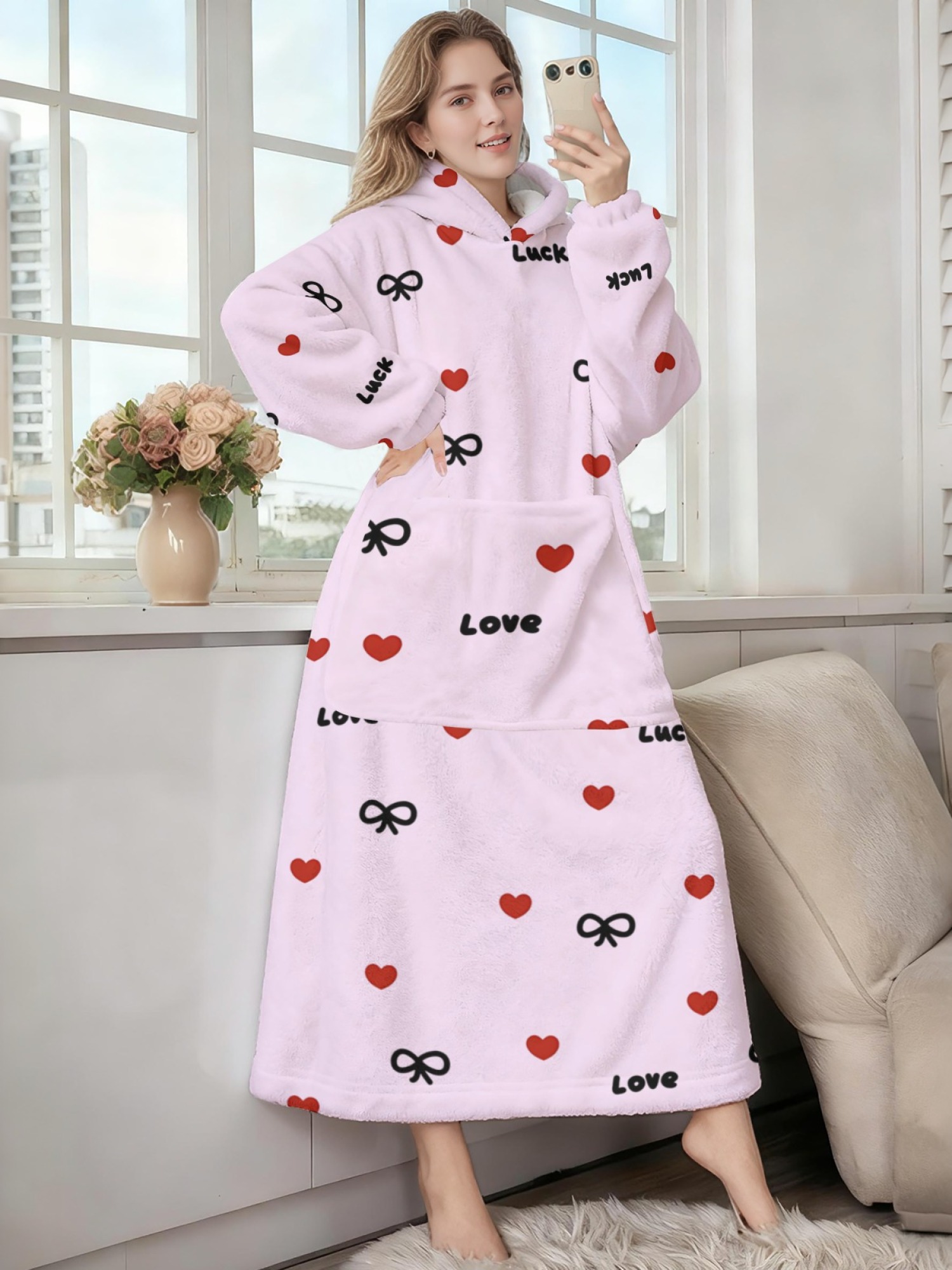 Women's Love & Luck Heart Bow Printed Flannel Hooded Nightgown - Soft Cozy TV Robe (3 Colors: White/Pink/Light Gray)