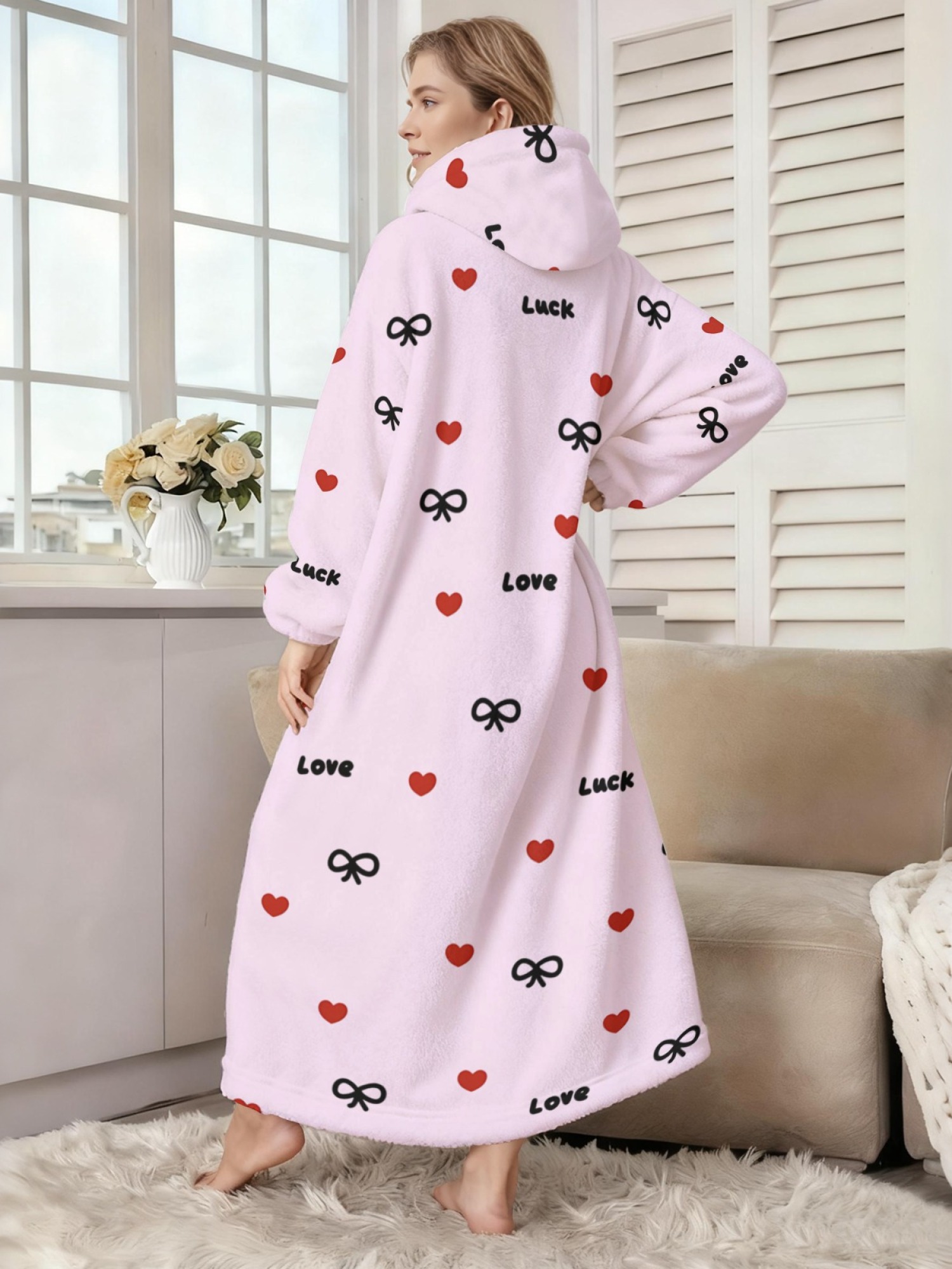Women's Love & Luck Heart Bow Printed Flannel Hooded Nightgown - Soft Cozy TV Robe (3 Colors: White/Pink/Light Gray)