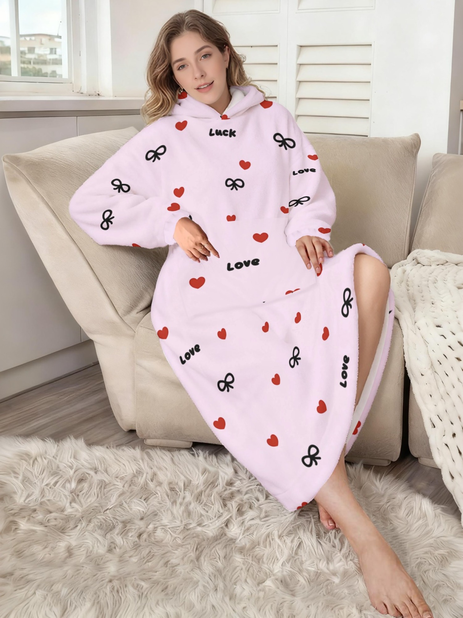Women's Love & Luck Heart Bow Printed Flannel Hooded Nightgown - Soft Cozy TV Robe (3 Colors: White/Pink/Light Gray)