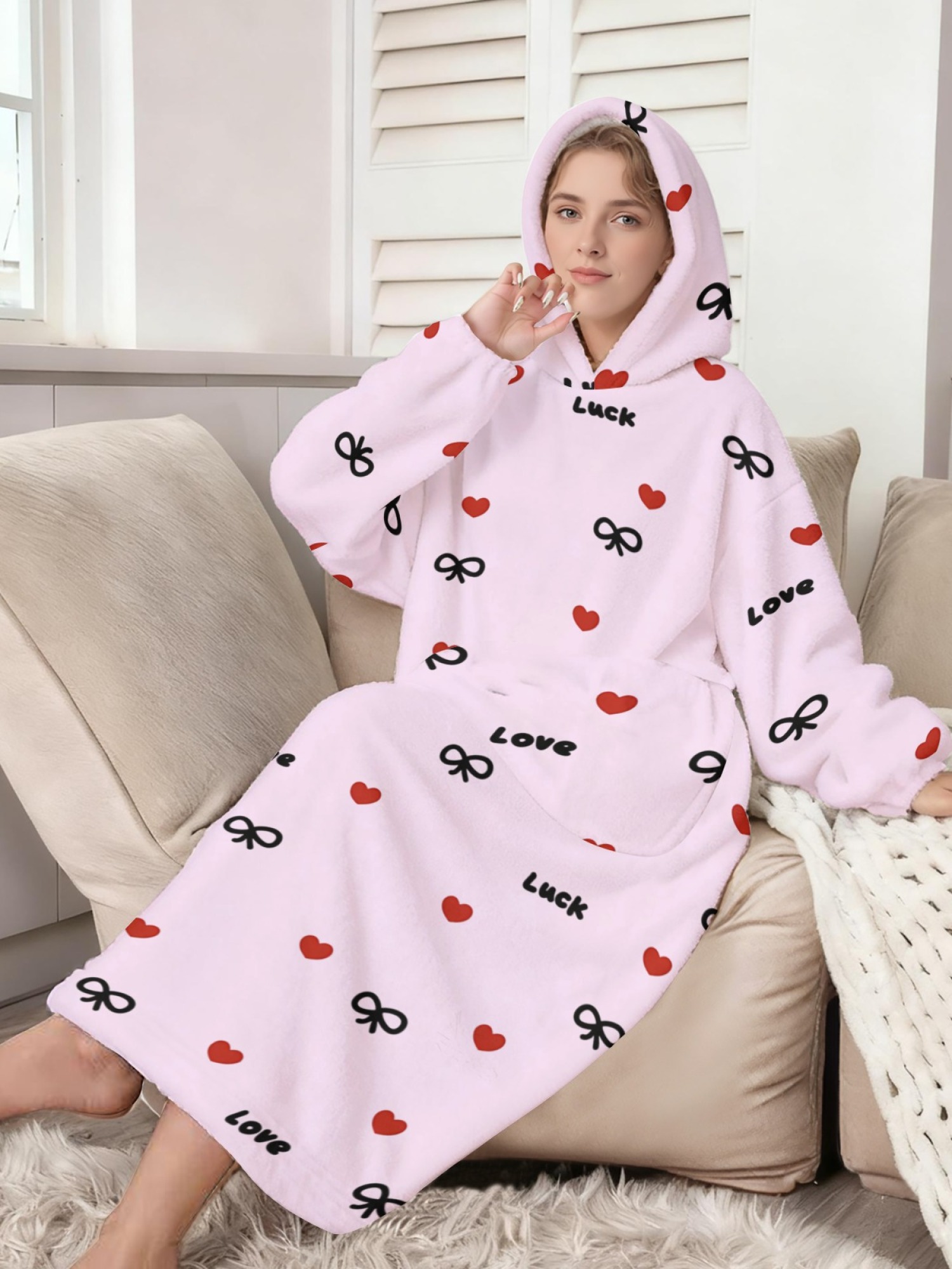 Women's Love & Luck Heart Bow Printed Flannel Hooded Nightgown - Soft Cozy TV Robe (3 Colors: White/Pink/Light Gray)