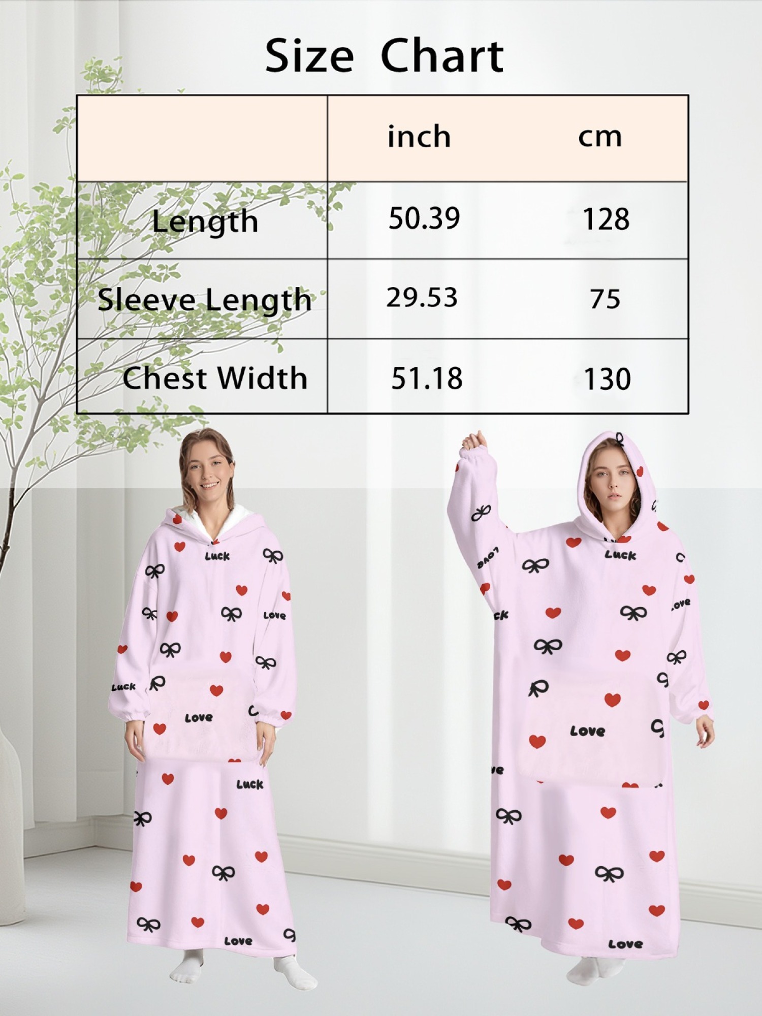 Women's Love & Luck Heart Bow Printed Flannel Hooded Nightgown - Soft Cozy TV Robe (3 Colors: White/Pink/Light Gray)