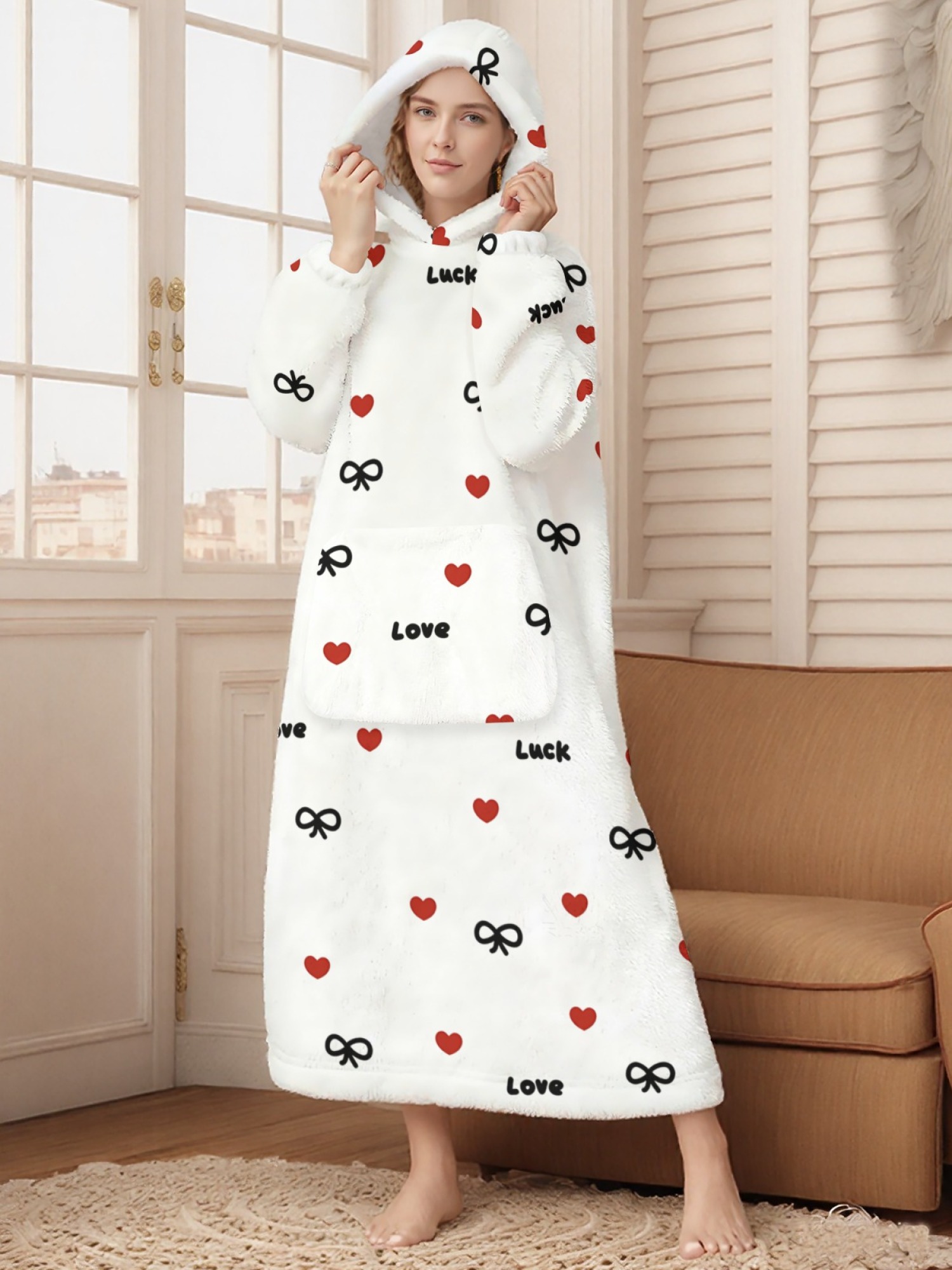 Women's Love & Luck Heart Bow Printed Flannel Hooded Nightgown - Soft Cozy TV Robe (3 Colors: White/Pink/Light Gray)