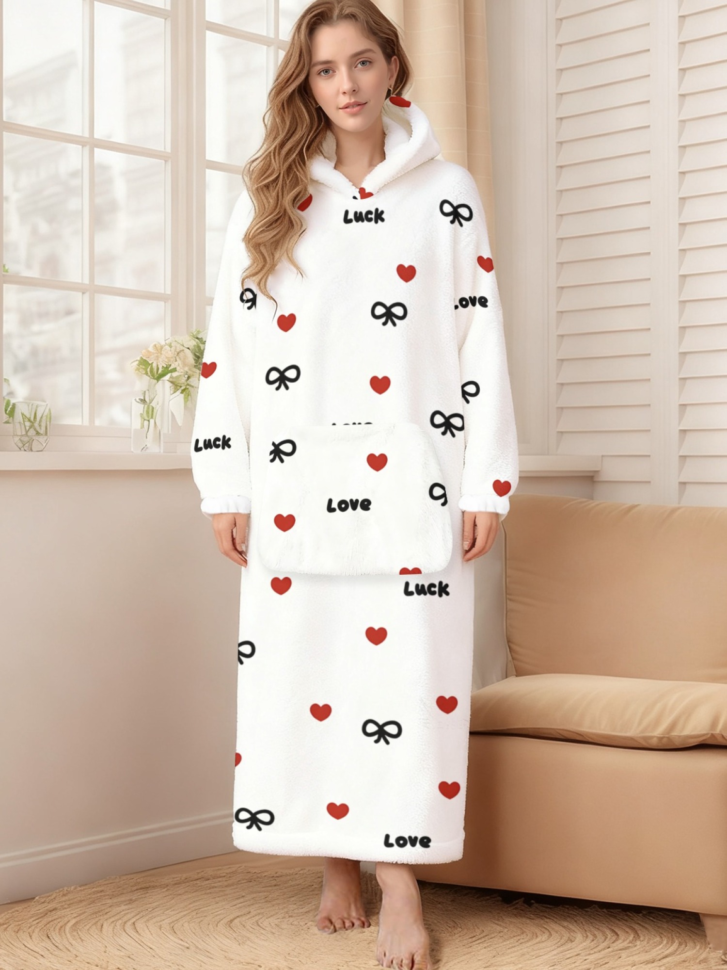 Women's Love & Luck Heart Bow Printed Flannel Hooded Nightgown - Soft Cozy TV Robe (3 Colors: White/Pink/Light Gray)