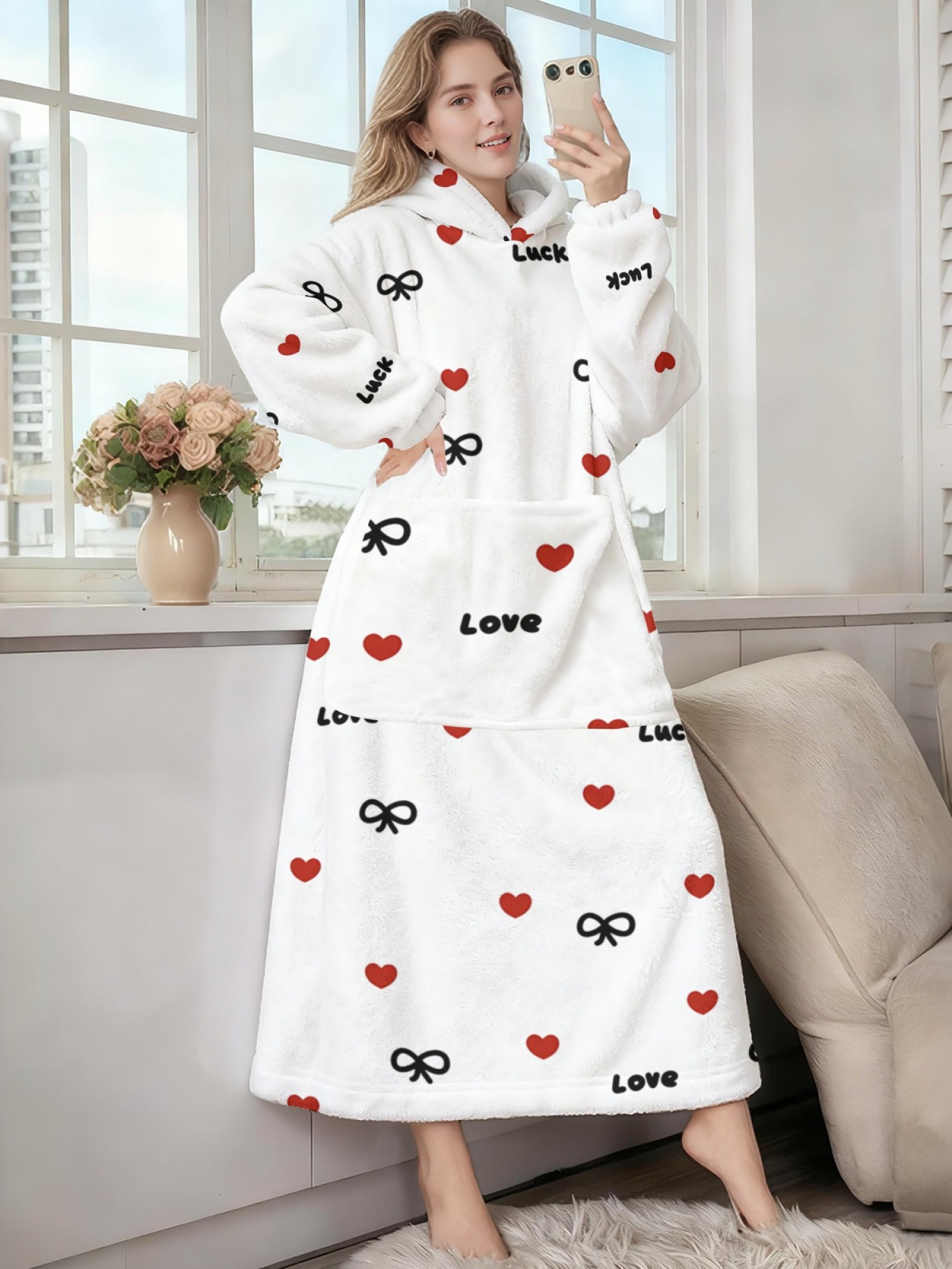 Women's Love & Luck Heart Bow Printed Flannel Hooded Nightgown - Soft Cozy TV Robe (3 Colors: White/Pink/Light Gray)