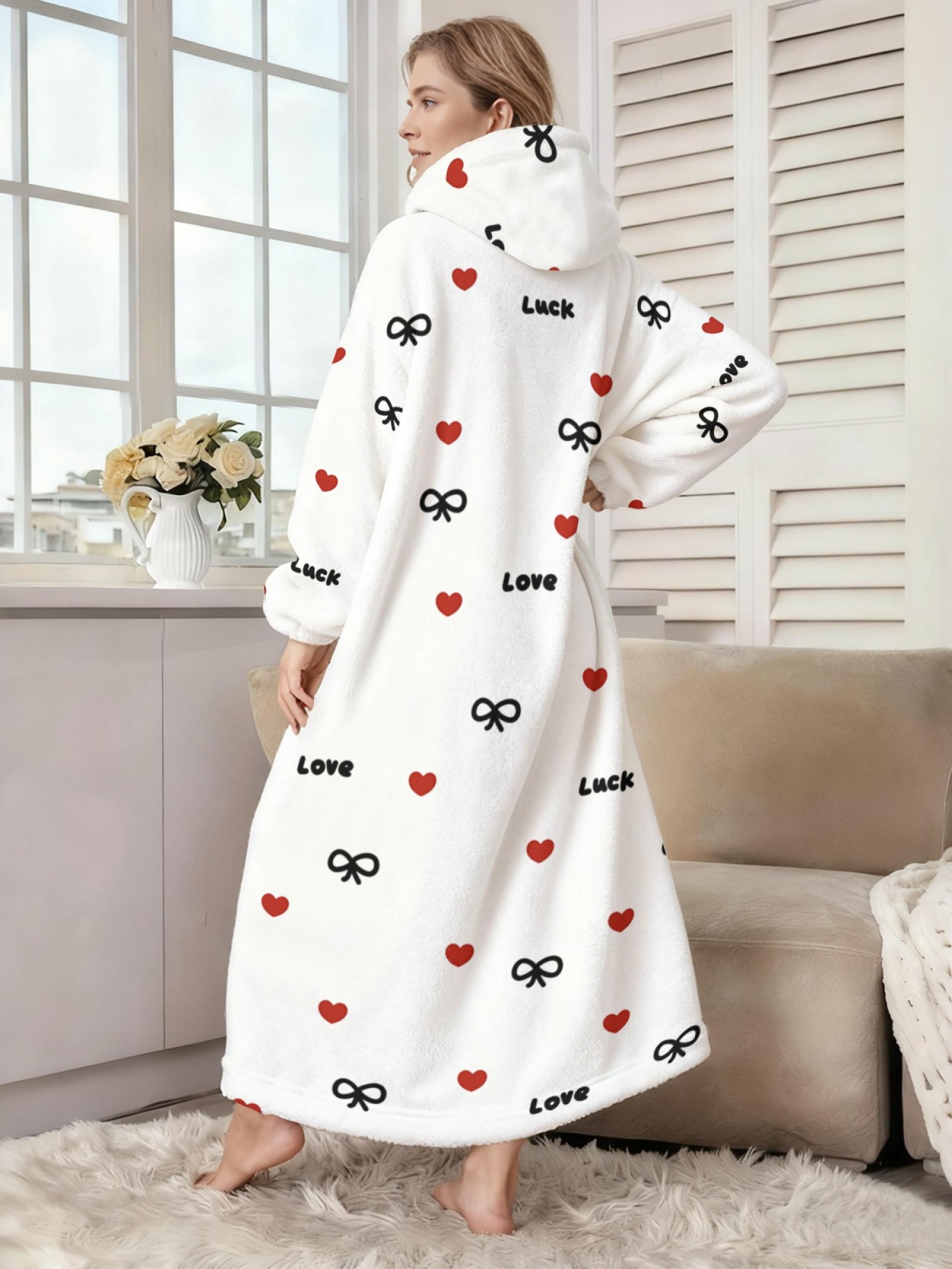 Women's Love & Luck Heart Bow Printed Flannel Hooded Nightgown - Soft Cozy TV Robe (3 Colors: White/Pink/Light Gray)