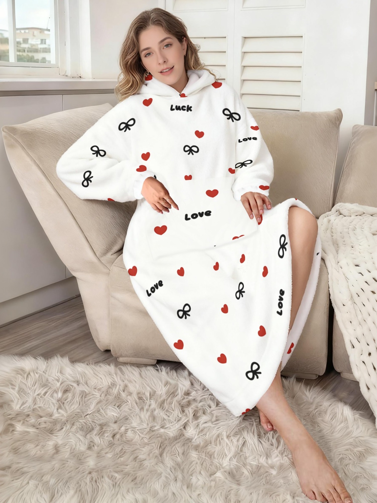 Women's Love & Luck Heart Bow Printed Flannel Hooded Nightgown - Soft Cozy TV Robe (3 Colors: White/Pink/Light Gray)