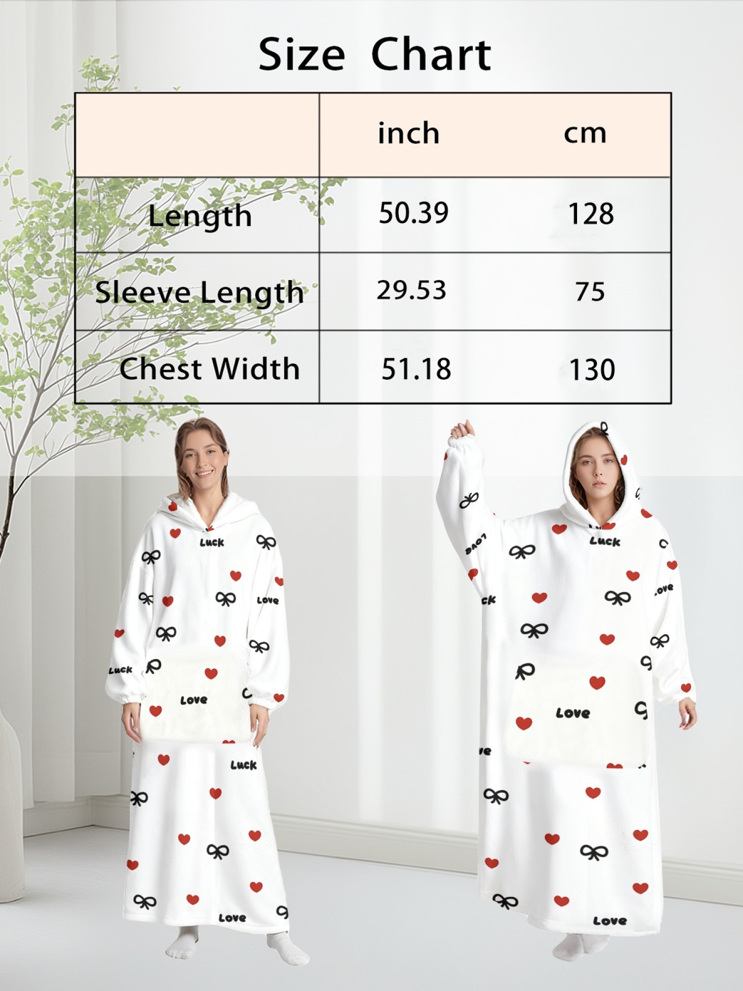 Women's Love & Luck Heart Bow Printed Flannel Hooded Nightgown - Soft Cozy TV Robe (3 Colors: White/Pink/Light Gray)