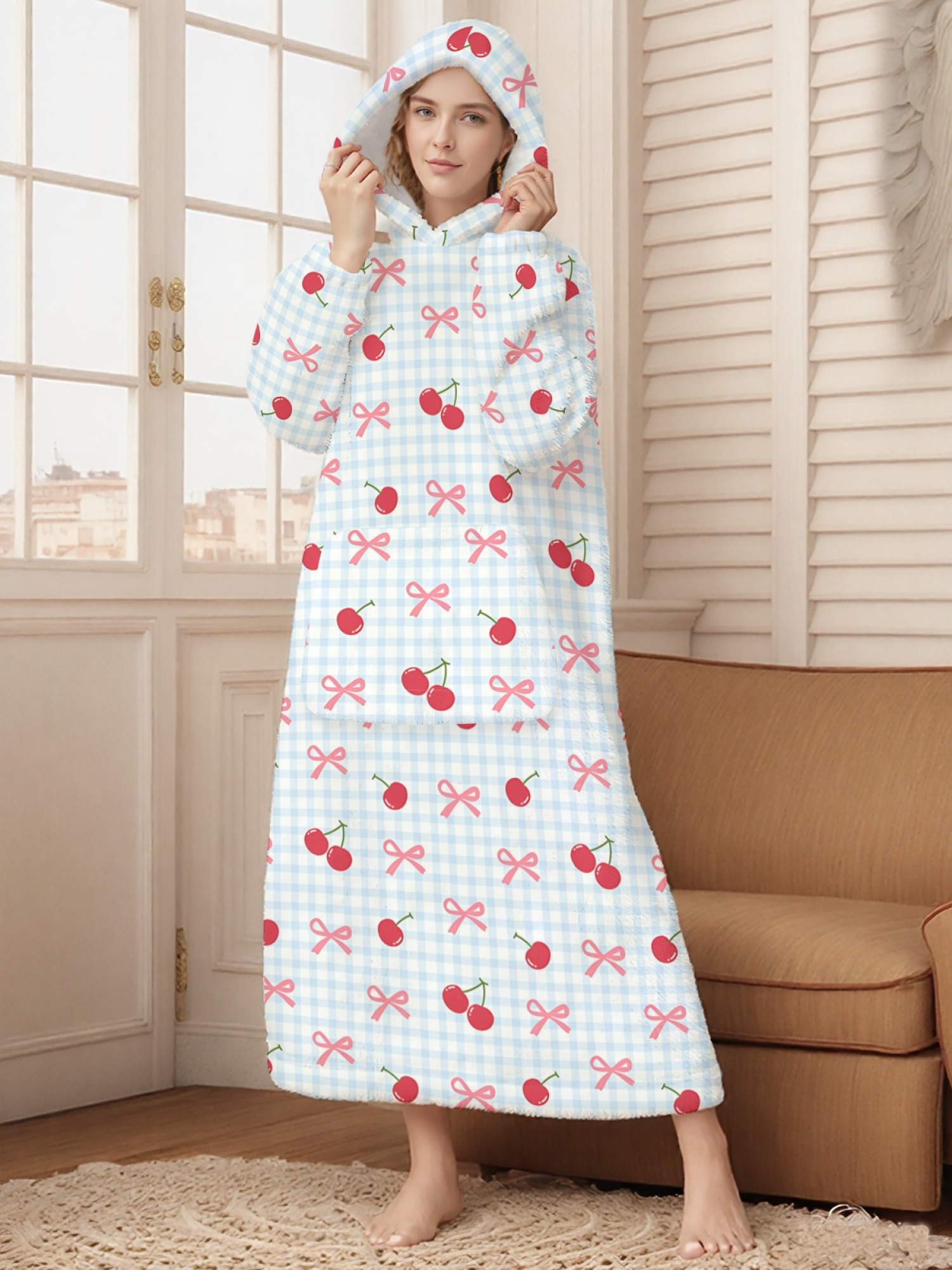 Women's Cherry Bow Gingham Printed Flannel Hooded Nightgown - Soft Cozy TV Robe (Light Blue)