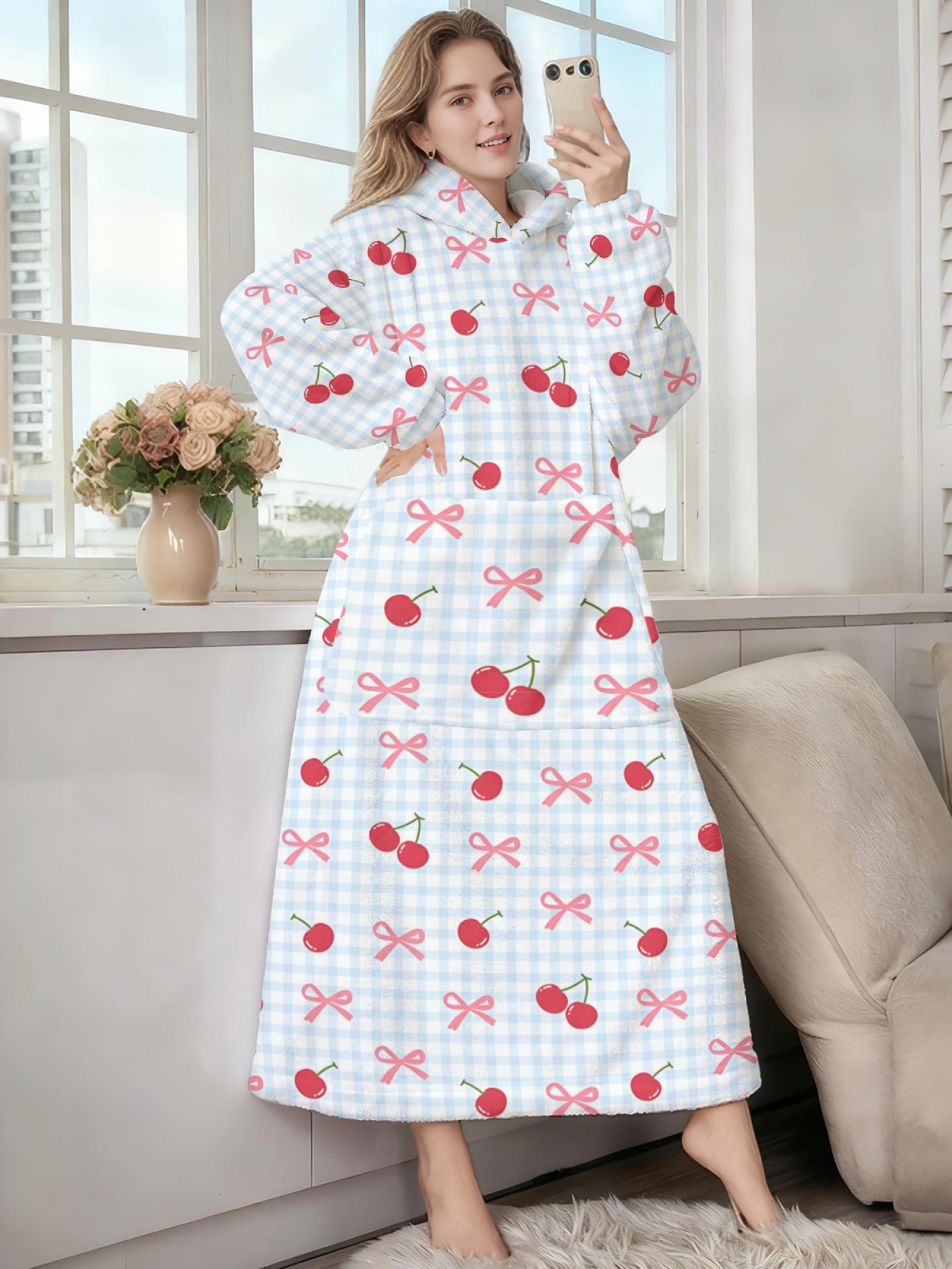 Women's Cherry Bow Gingham Printed Flannel Hooded Nightgown - Soft Cozy TV Robe (Light Blue)