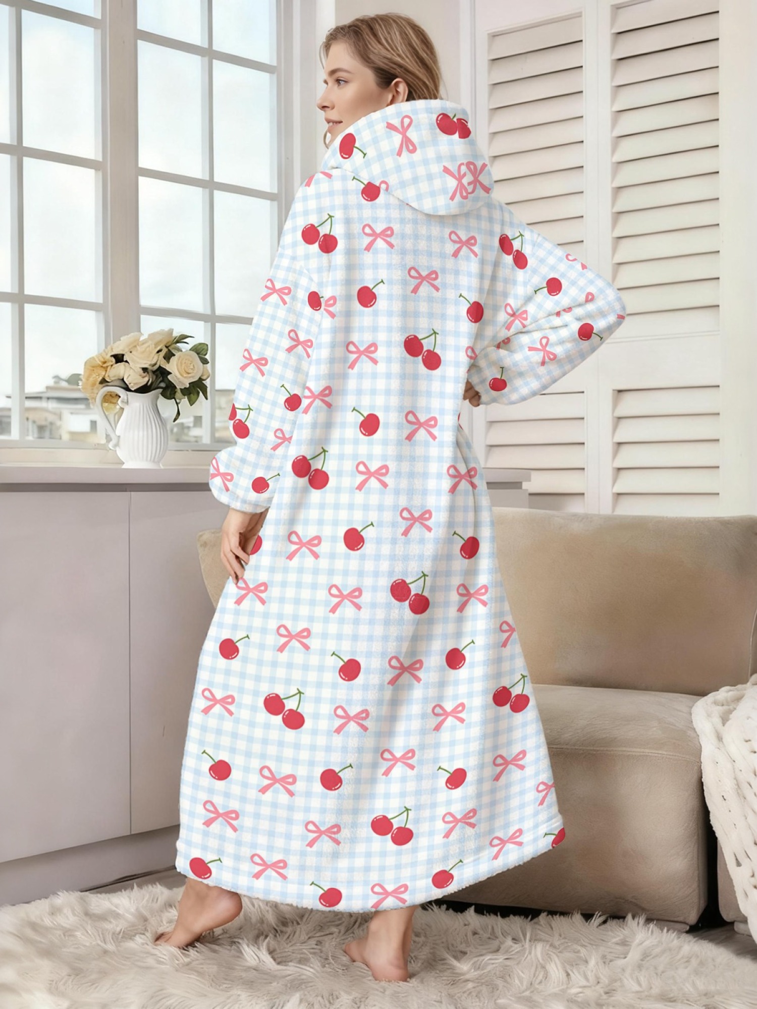 Women's Cherry Bow Gingham Printed Flannel Hooded Nightgown - Soft Cozy TV Robe (Light Blue)