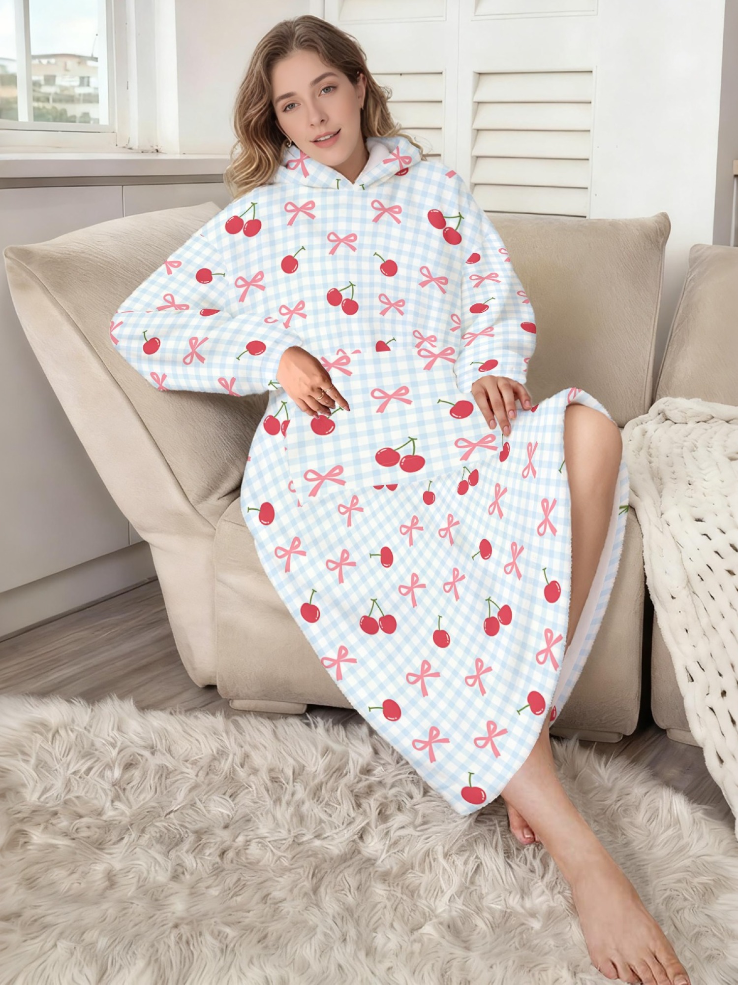 Women's Cherry Bow Gingham Printed Flannel Hooded Nightgown - Soft Cozy TV Robe (Light Blue)