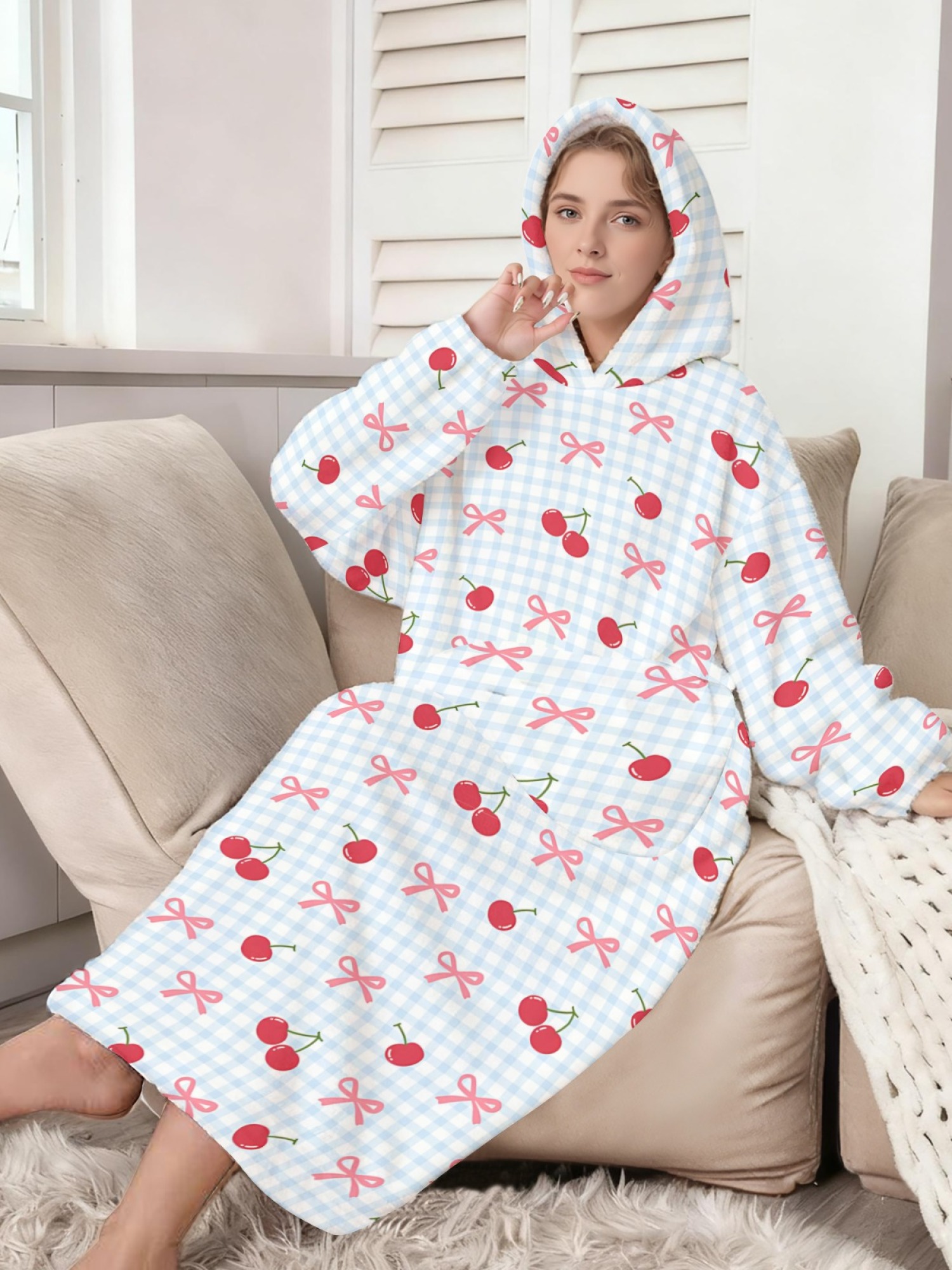 Women's Cherry Bow Gingham Printed Flannel Hooded Nightgown - Soft Cozy TV Robe (Light Blue)