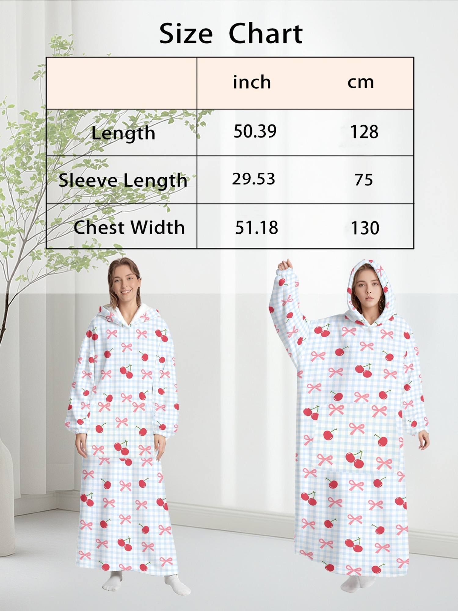 Women's Cherry Bow Gingham Printed Flannel Hooded Nightgown - Soft Cozy TV Robe (Light Blue)