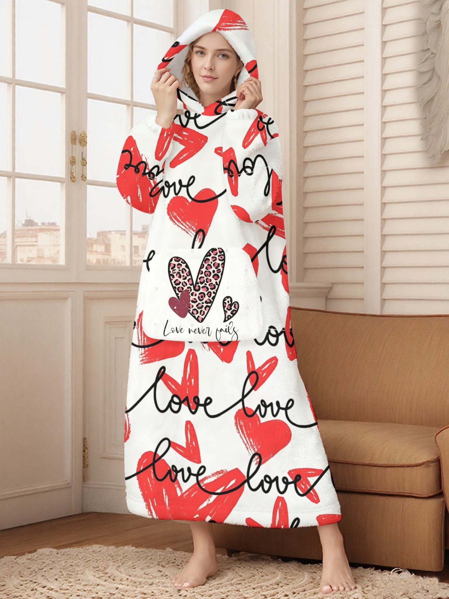 Women's Love Heart Printed Flannel Hooded Nightgown - Soft Cozy TV Robe (4 Styles: Red Love/Black I Love You/Arrow Heart/Leopard Heart)