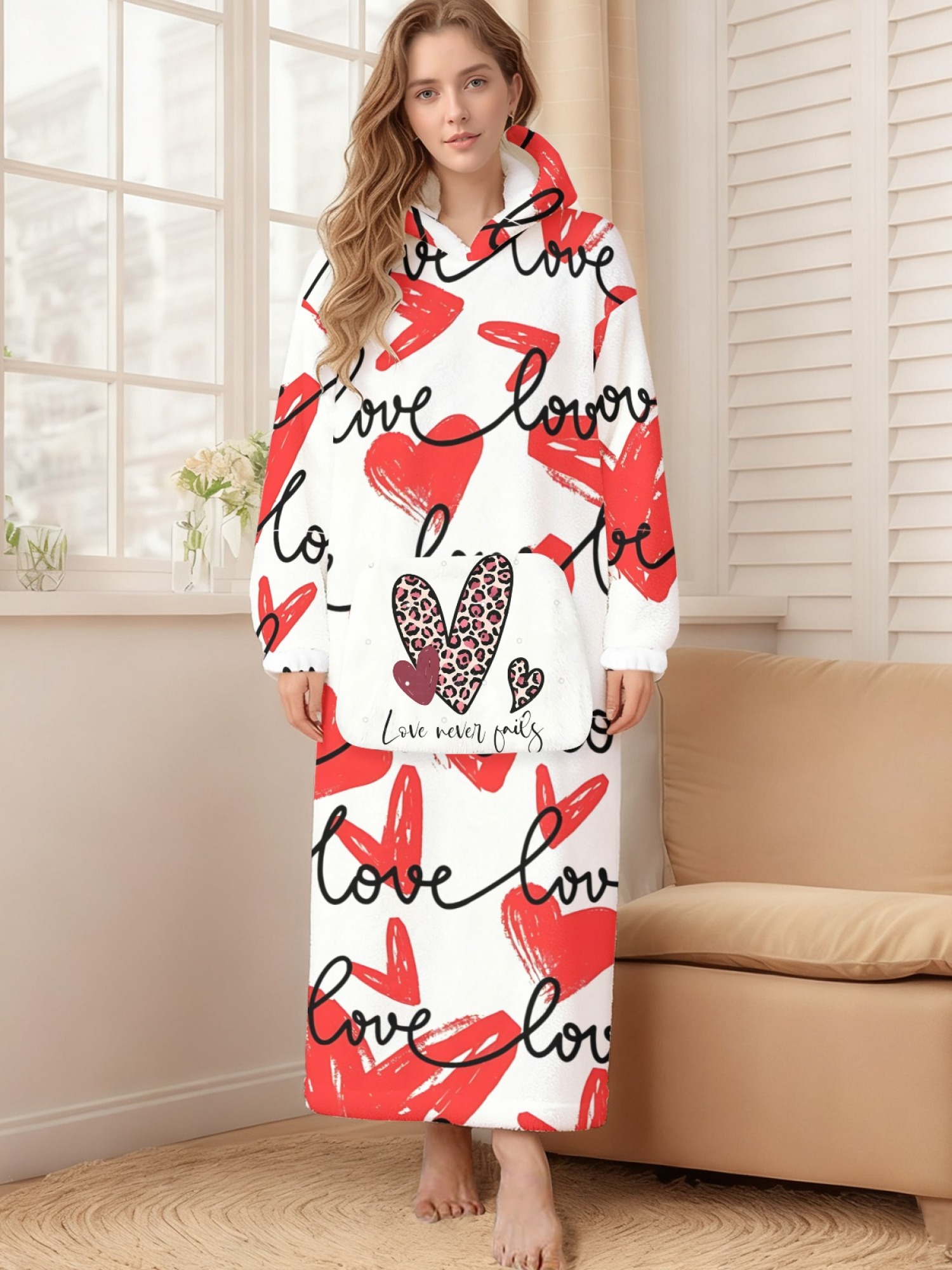 Women's Love Heart Printed Flannel Hooded Nightgown - Soft Cozy TV Robe (4 Styles: Red Love/Black I Love You/Arrow Heart/Leopard Heart)