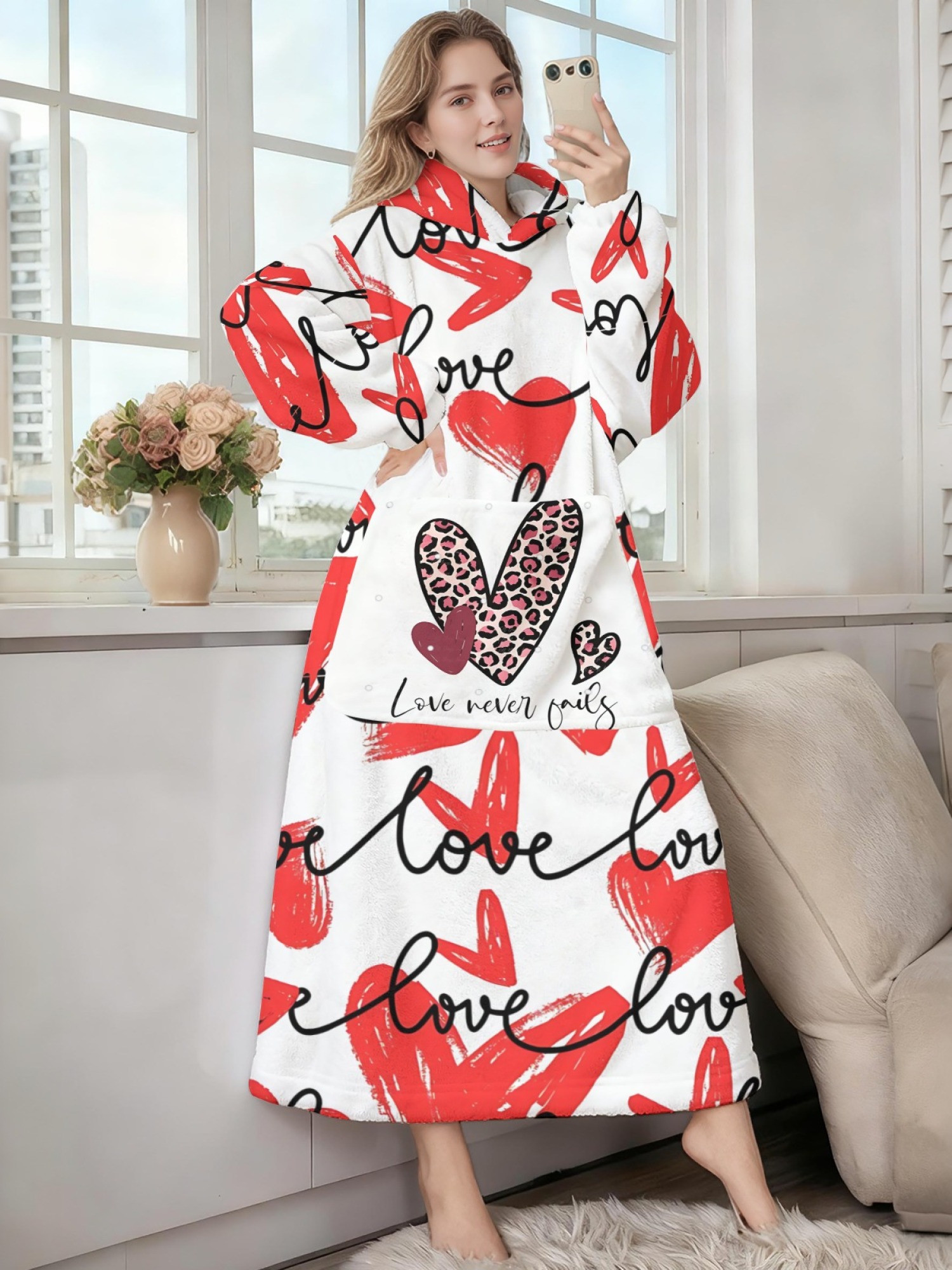 Women's Love Heart Printed Flannel Hooded Nightgown - Soft Cozy TV Robe (4 Styles: Red Love/Black I Love You/Arrow Heart/Leopard Heart)