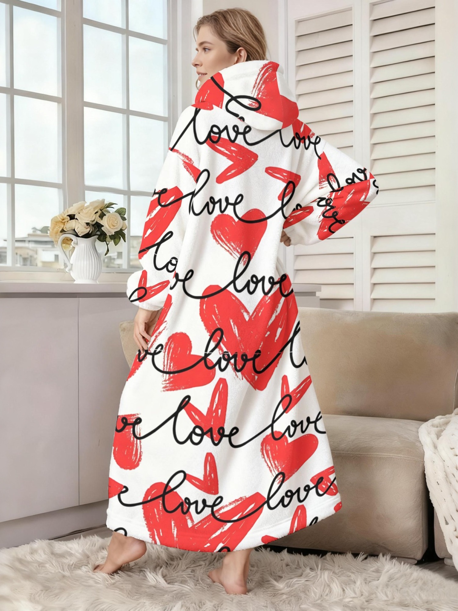 Women's Love Heart Printed Flannel Hooded Nightgown - Soft Cozy TV Robe (4 Styles: Red Love/Black I Love You/Arrow Heart/Leopard Heart)