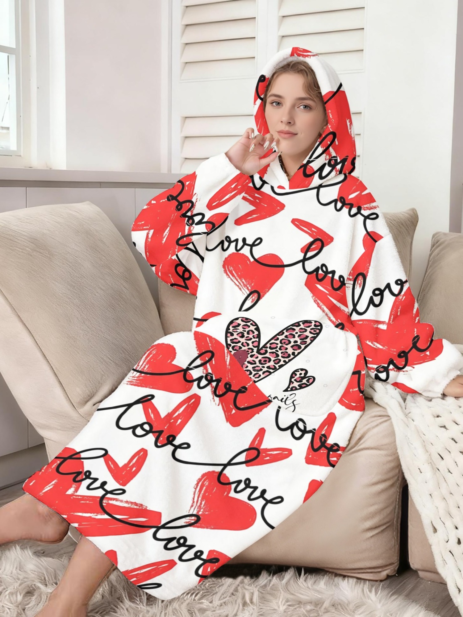 Women's Love Heart Printed Flannel Hooded Nightgown - Soft Cozy TV Robe (4 Styles: Red Love/Black I Love You/Arrow Heart/Leopard Heart)