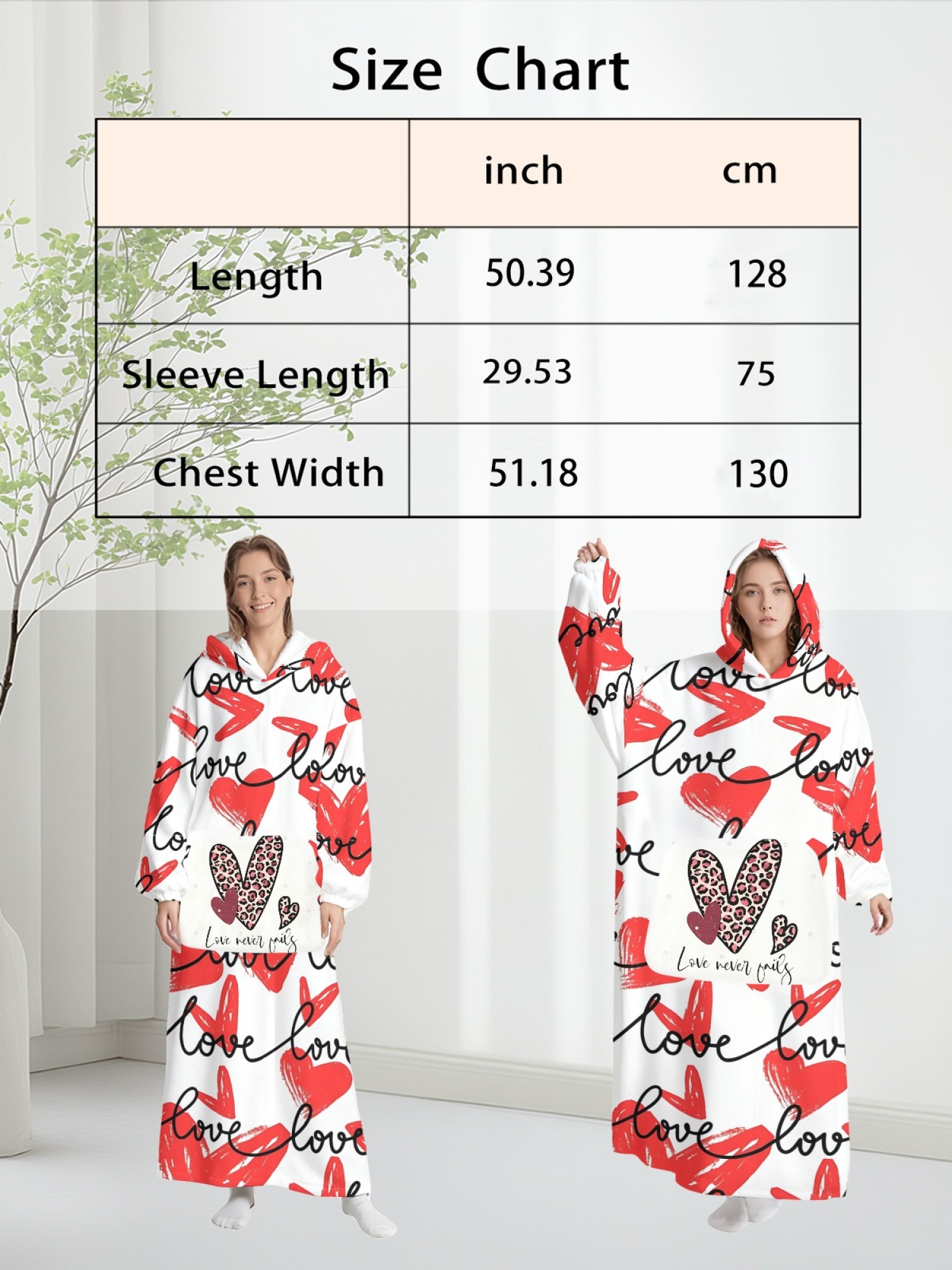 Women's Love Heart Printed Flannel Hooded Nightgown - Soft Cozy TV Robe (4 Styles: Red Love/Black I Love You/Arrow Heart/Leopard Heart)