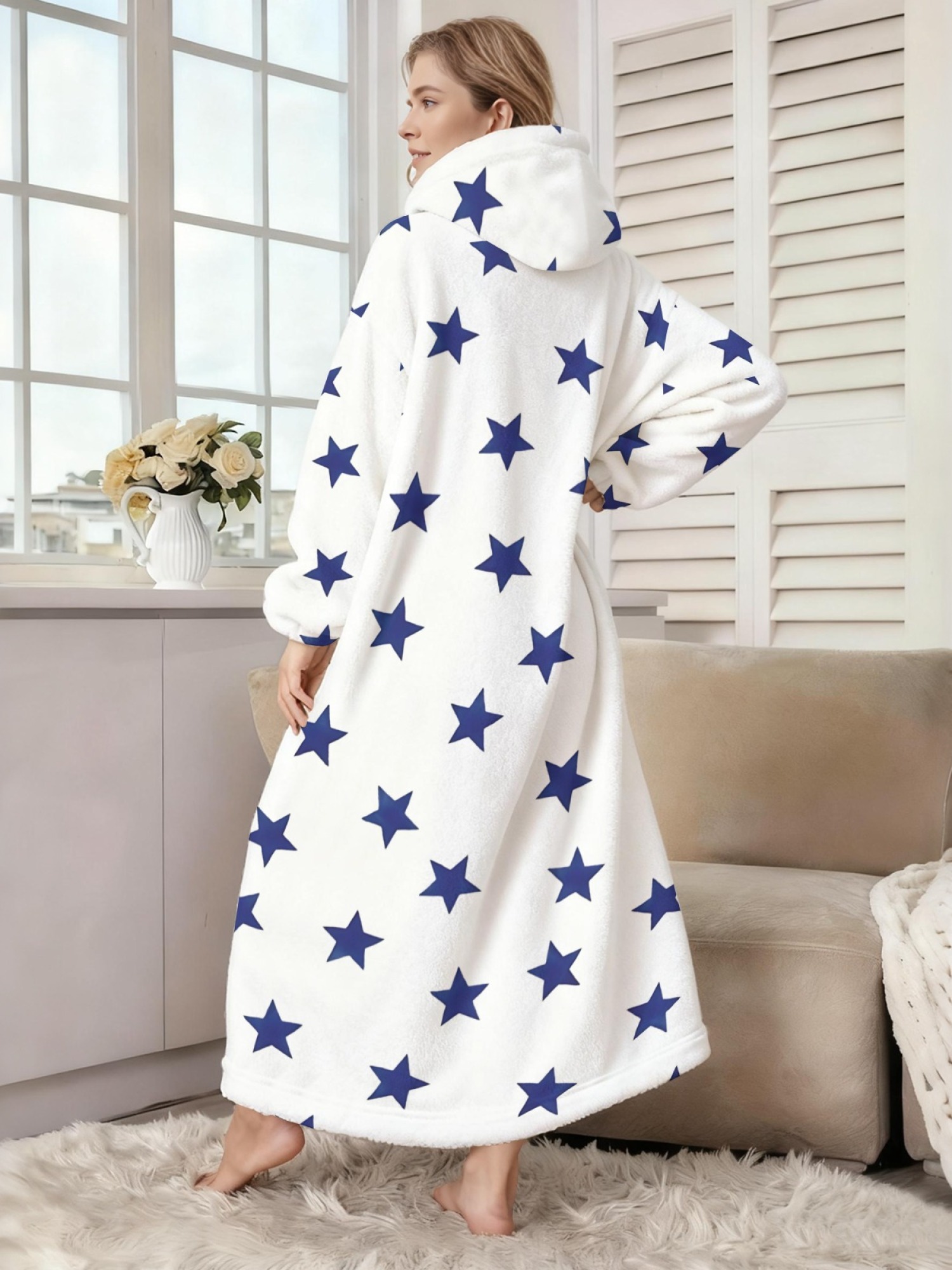 Women's Star/Heart/Butterfly Printed Flannel Hooded Nightgown - Soft Cozy TV Robe (3 Styles: Navy Star/Mint Heart/Blue Butterfly)