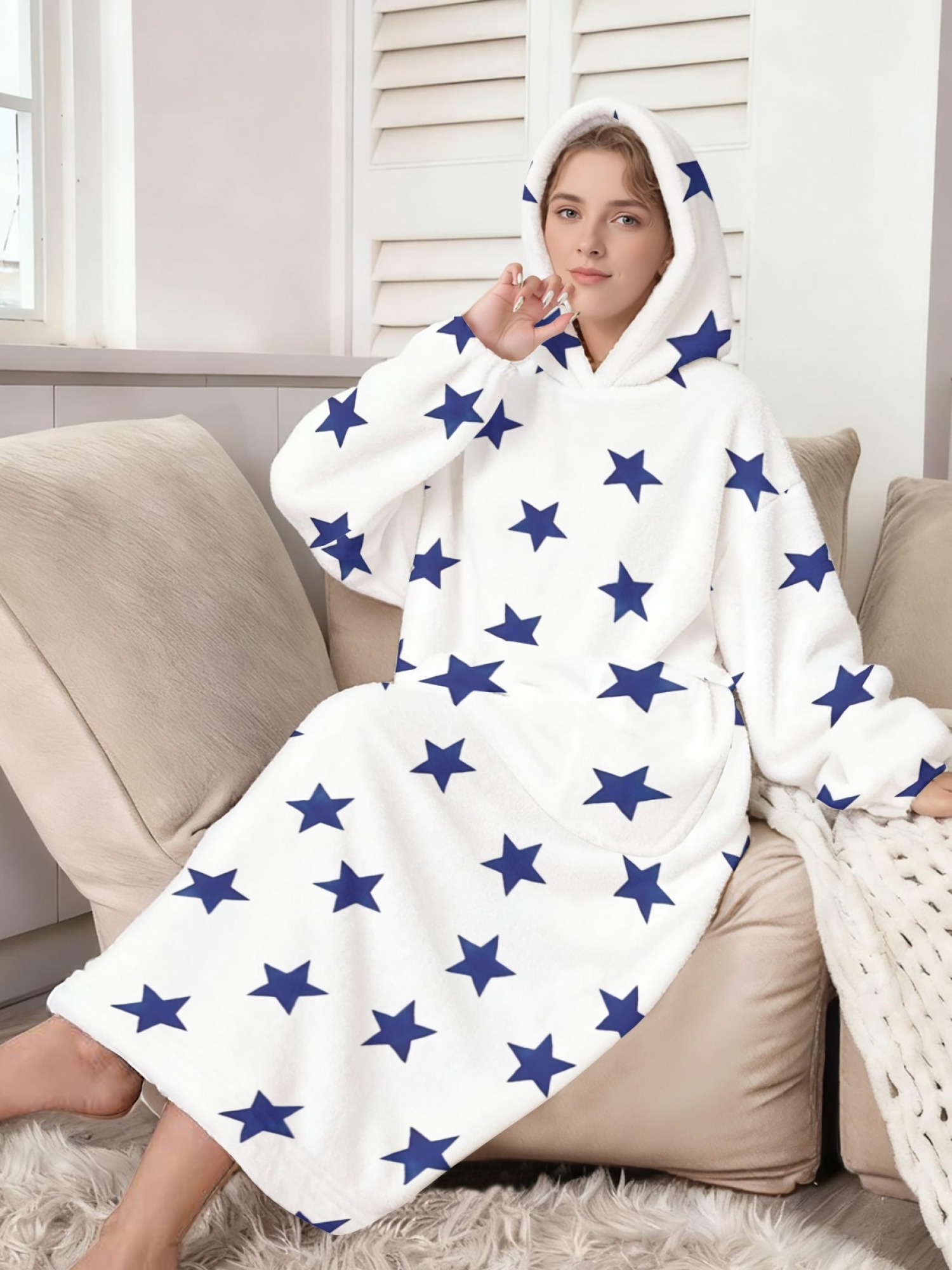 Women's Star/Heart/Butterfly Printed Flannel Hooded Nightgown - Soft Cozy TV Robe (3 Styles: Navy Star/Mint Heart/Blue Butterfly)