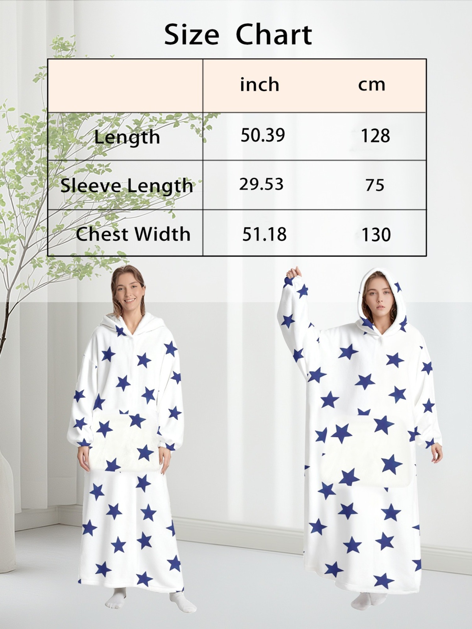 Women's Star/Heart/Butterfly Printed Flannel Hooded Nightgown - Soft Cozy TV Robe (3 Styles: Navy Star/Mint Heart/Blue Butterfly)