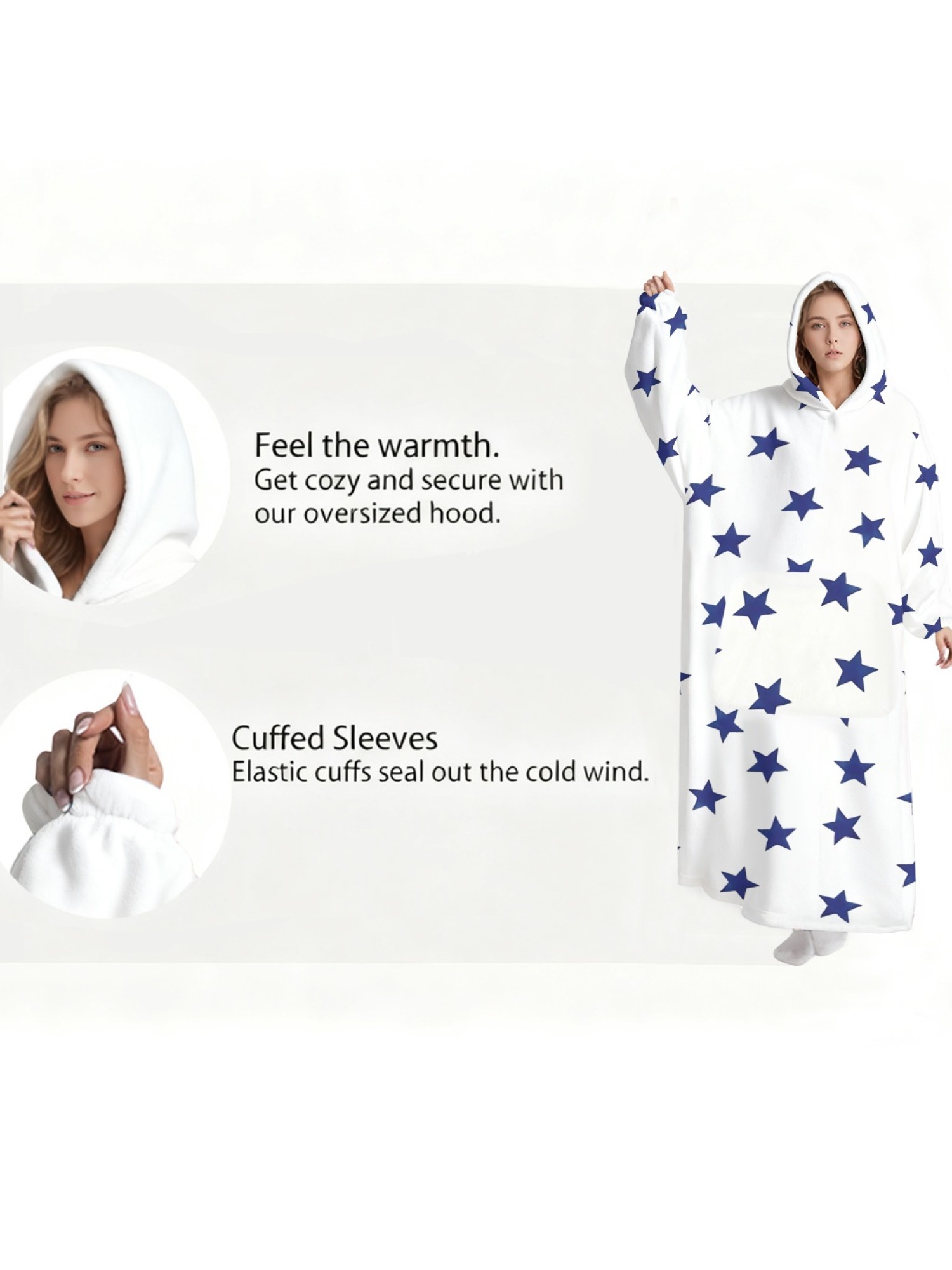 Women's Star/Heart/Butterfly Printed Flannel Hooded Nightgown - Soft Cozy TV Robe (3 Styles: Navy Star/Mint Heart/Blue Butterfly)