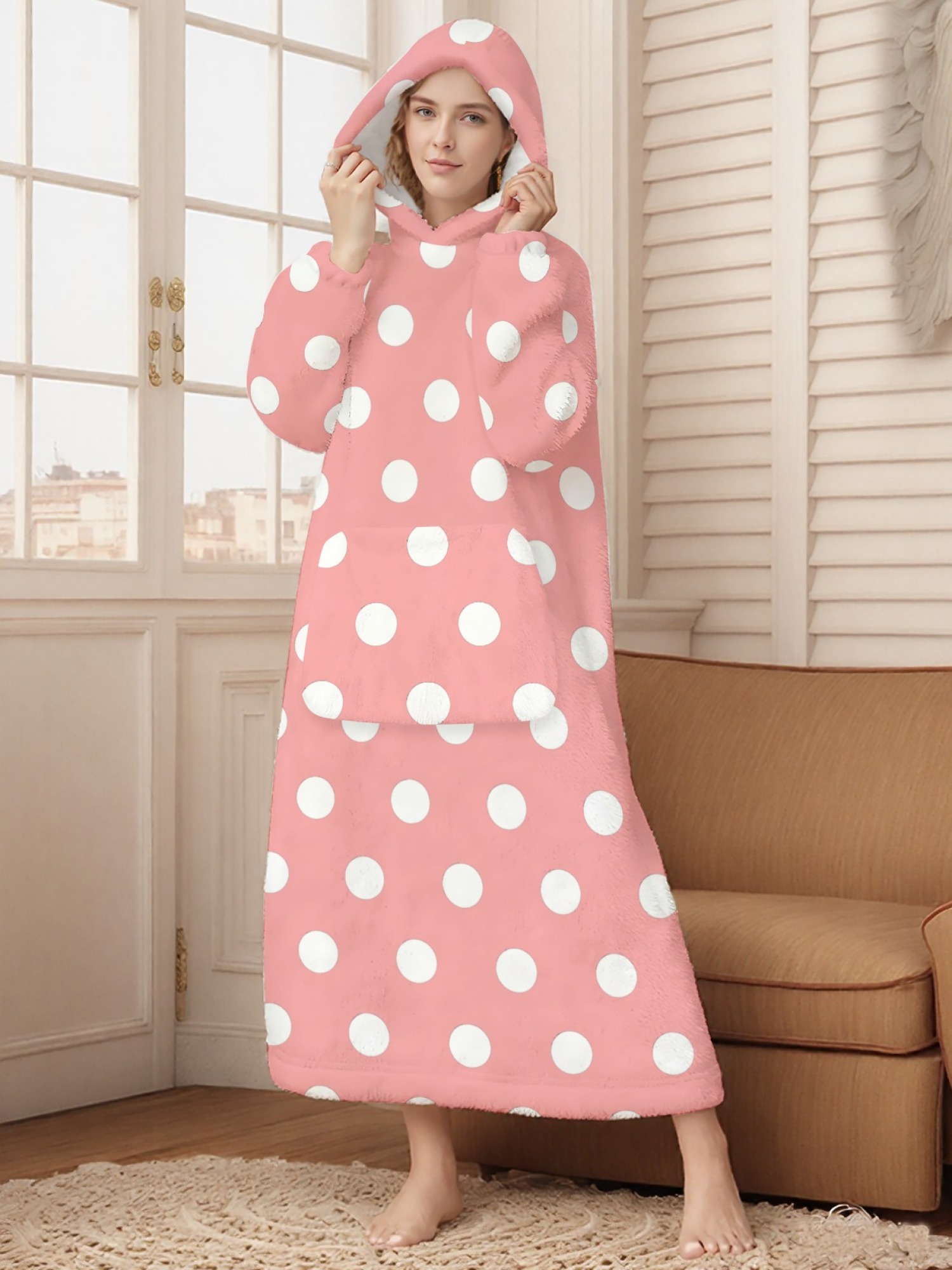 Women's Retro White Polka Dot Printed Flannel Hooded Nightgown - Soft Cozy TV Robe (9 Colors: Pink/Dusty Blue/Light Blue/Pale Blue/Burgundy/Magenta/Green/Grey/Navy)