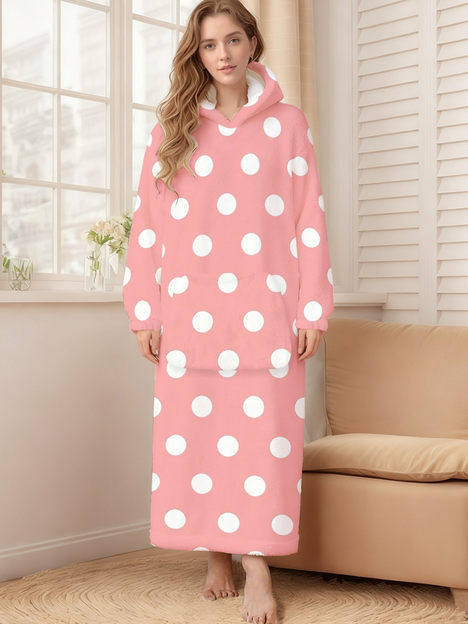 Women's Retro White Polka Dot Printed Flannel Hooded Nightgown - Soft Cozy TV Robe (9 Colors: Pink/Dusty Blue/Light Blue/Pale Blue/Burgundy/Magenta/Green/Grey/Navy)
