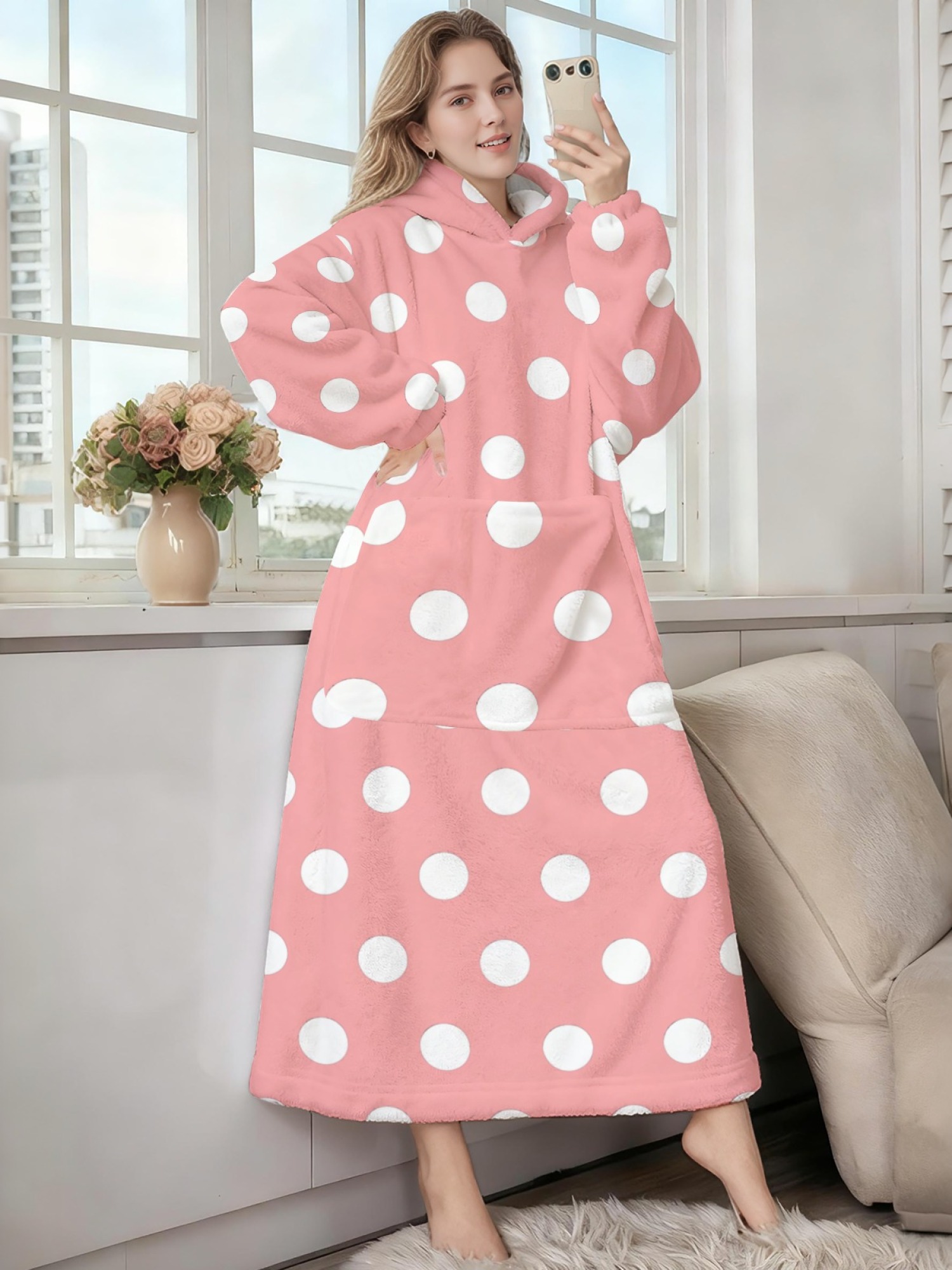 Women's Retro White Polka Dot Printed Flannel Hooded Nightgown - Soft Cozy TV Robe (9 Colors: Pink/Dusty Blue/Light Blue/Pale Blue/Burgundy/Magenta/Green/Grey/Navy)